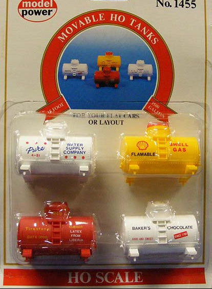 Model Power 1455 HO Scale Moveable Tanks, Shell, Firestone + more (4 pcs)
