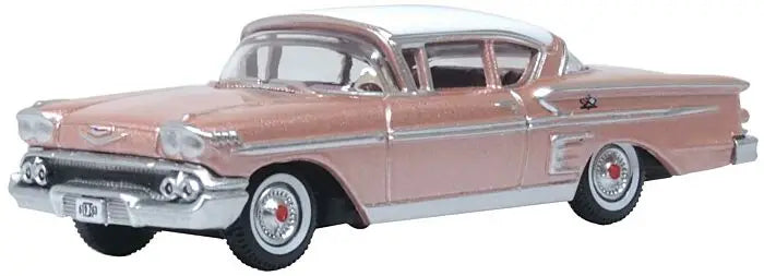 Oxford Diecast 87CIS58001 HO Scale 1958 Chevrolet Impala Sport Coupe - Assembled -- Metallic Cay Coral, Snowcrest White
