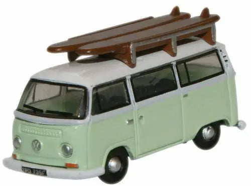 Oxford Diecast NVW007 N Scale 1960s Volkswagen Passenger Van w/Surfboard Roof Rack - Assembled - Birch Green, White