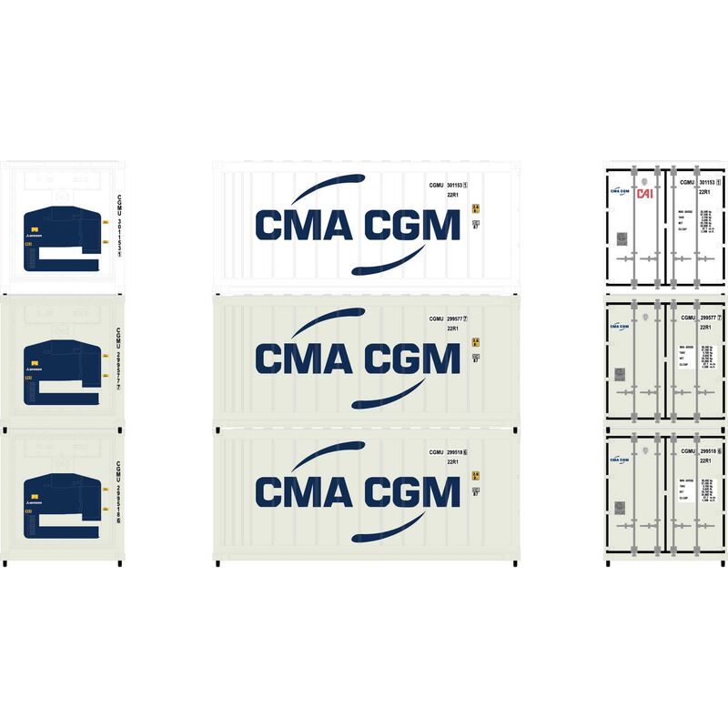 Athearn 17728 N Scale, 20' Reefer Container 3 Pack, CMA CGM