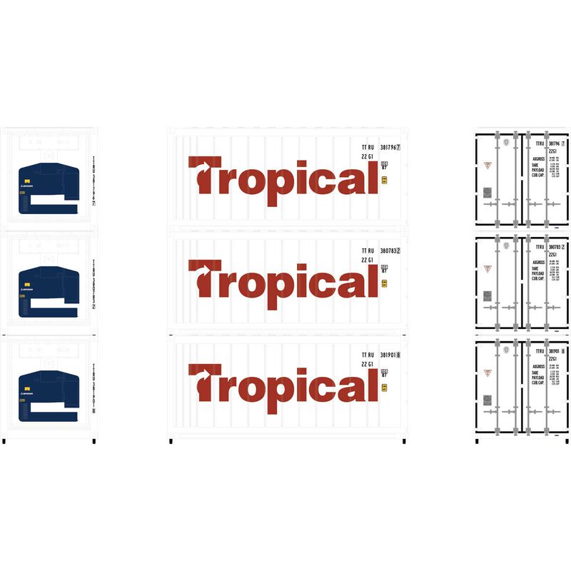 Athearn 17729 N Scale, 20' Reefer Container 3 Pack, Tropical