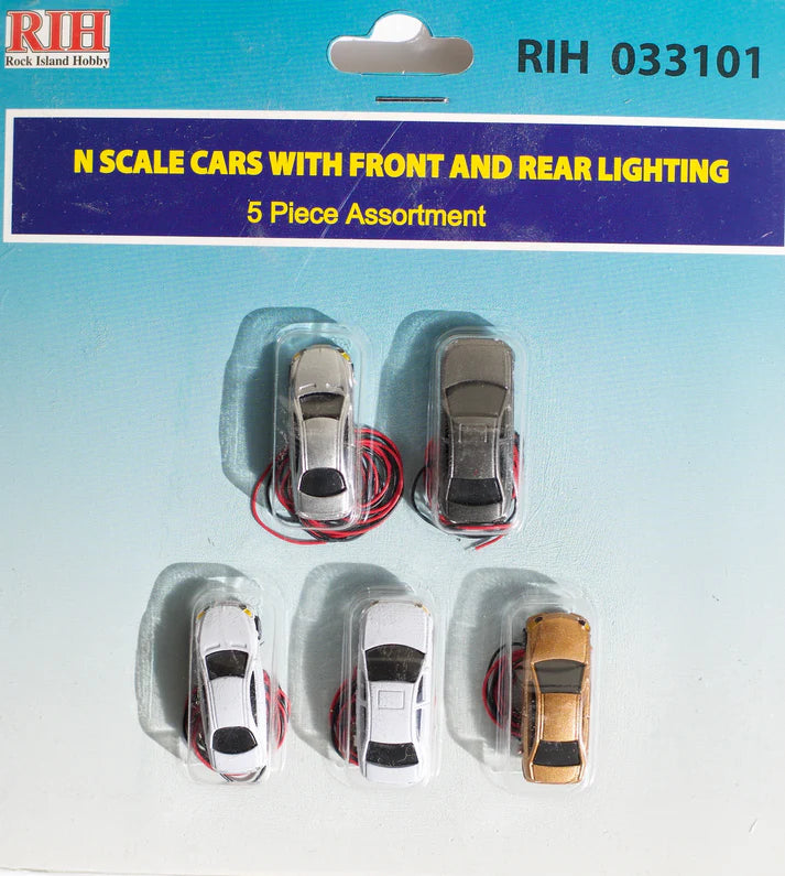 Rock Island Hobby 33101 N Scale Assorted Cars with Front & Rear Lights (5pcs)