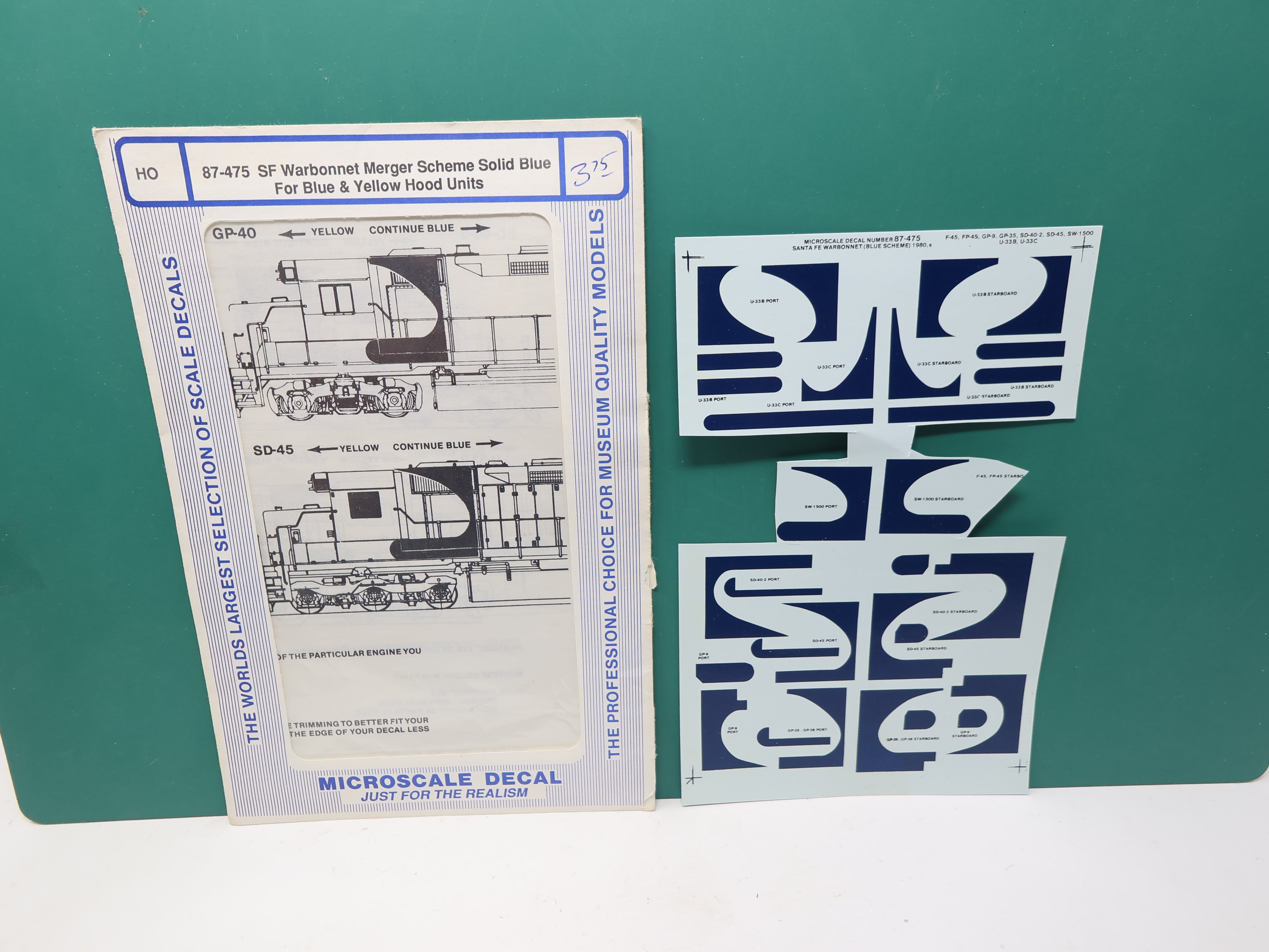 USED MICROSCALE 87-475 HO Scale, Santa Fe Warbonnet Merger Scheme Solid Blue for Blue & Yellow Hoods Diesel Decals