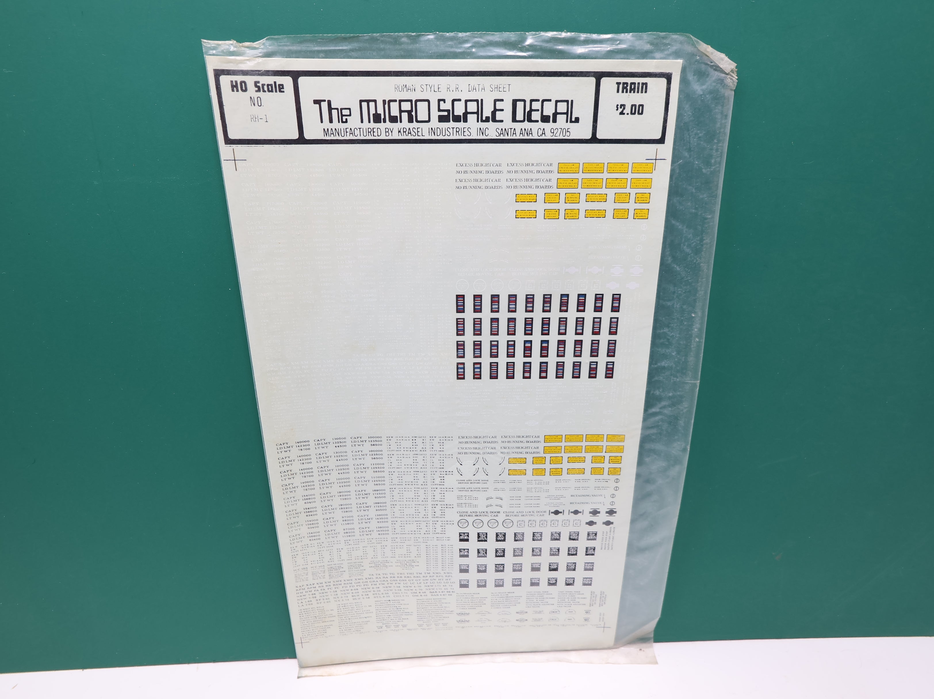 MICROSCALE RH-1 HO Scale Roman Style Railroad Data Sheet Decals