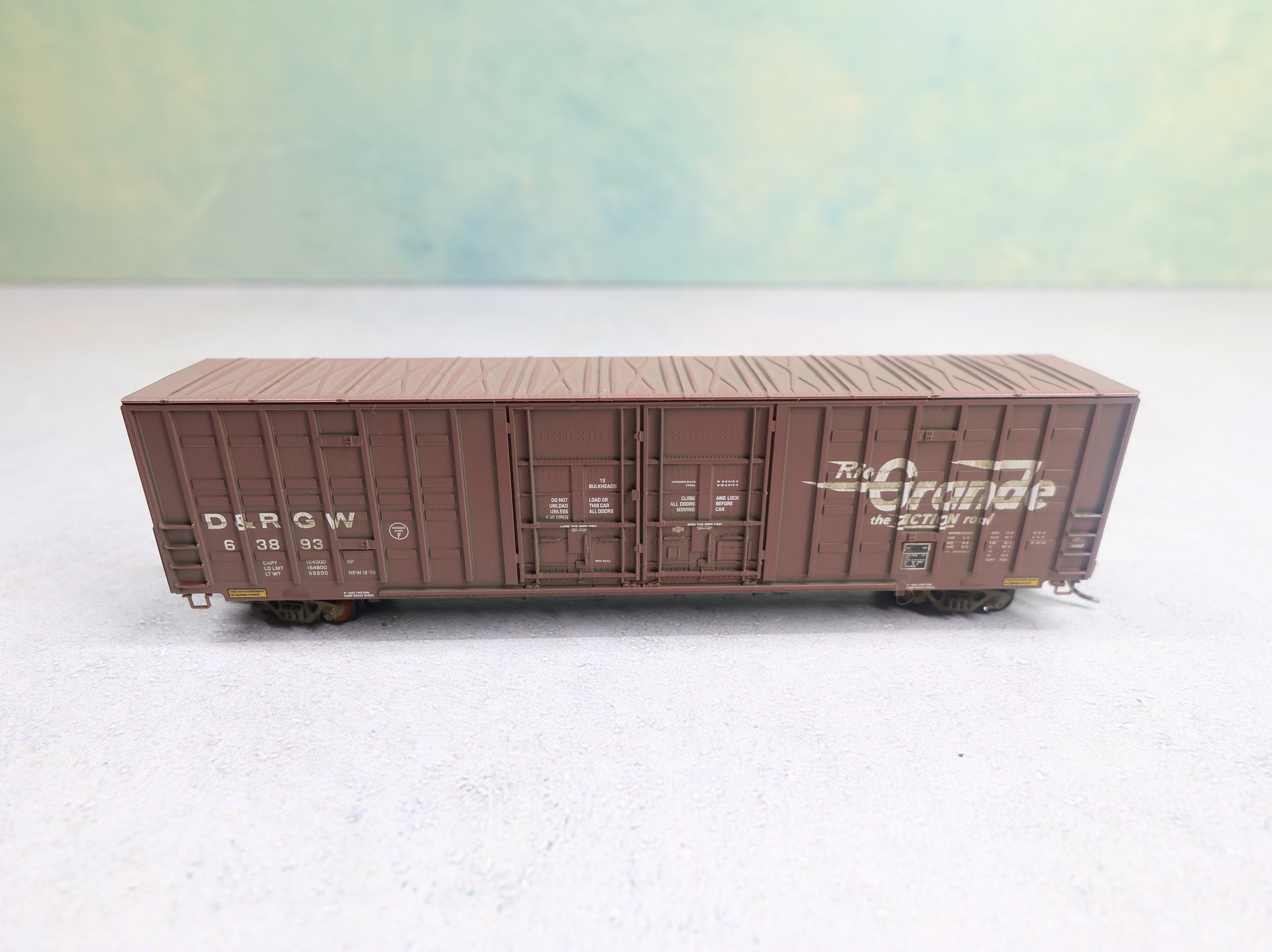 USED Micro-Trains 10300010 N Scale 60' Box Car Excess Height Double Plug Doors, Waffle Side Denver and Rio Grande Western D&RGW #63893 Weathered, Knuckle Couplers