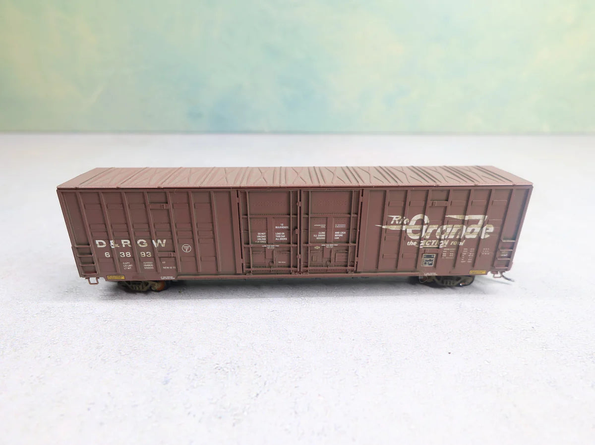 USED Micro-Trains 10300010 N Scale 60' Box Car Excess Height Double Plug Doors, Waffle Side Rio Grande D&RGW #63893 Weathered