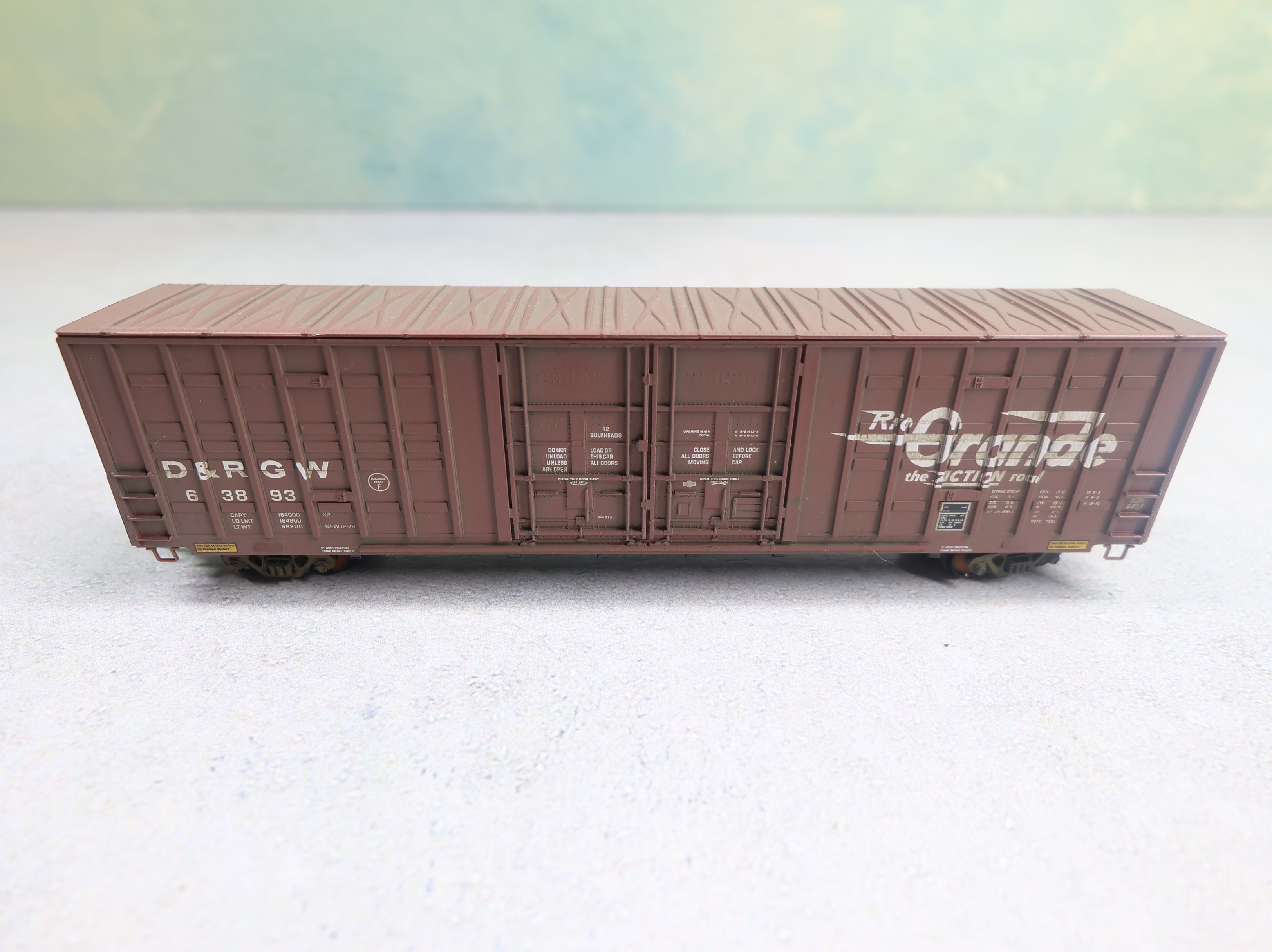 USED Micro-Trains 10300010 N Scale 60' Box Car Excess Height Double Plug Doors, Waffle Side Denver and Rio Grande Western D&RGW #63893 Weathered, Knuckle Couplers