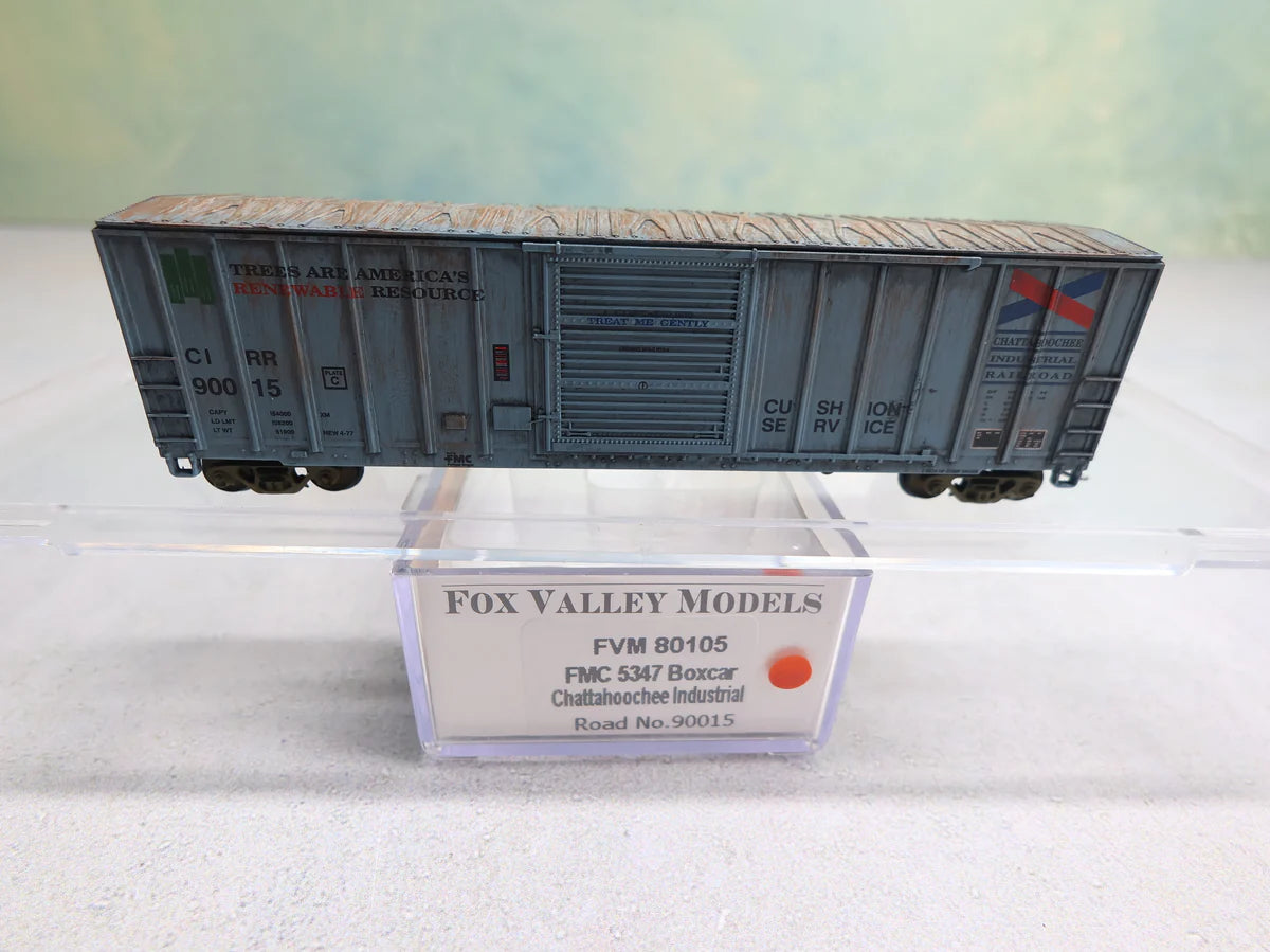 USED Fox Valley Models 80105 N Scale FMC 5347 Box Car Chattahoochee Industrial Railroad CIRR #90015 Weathered
