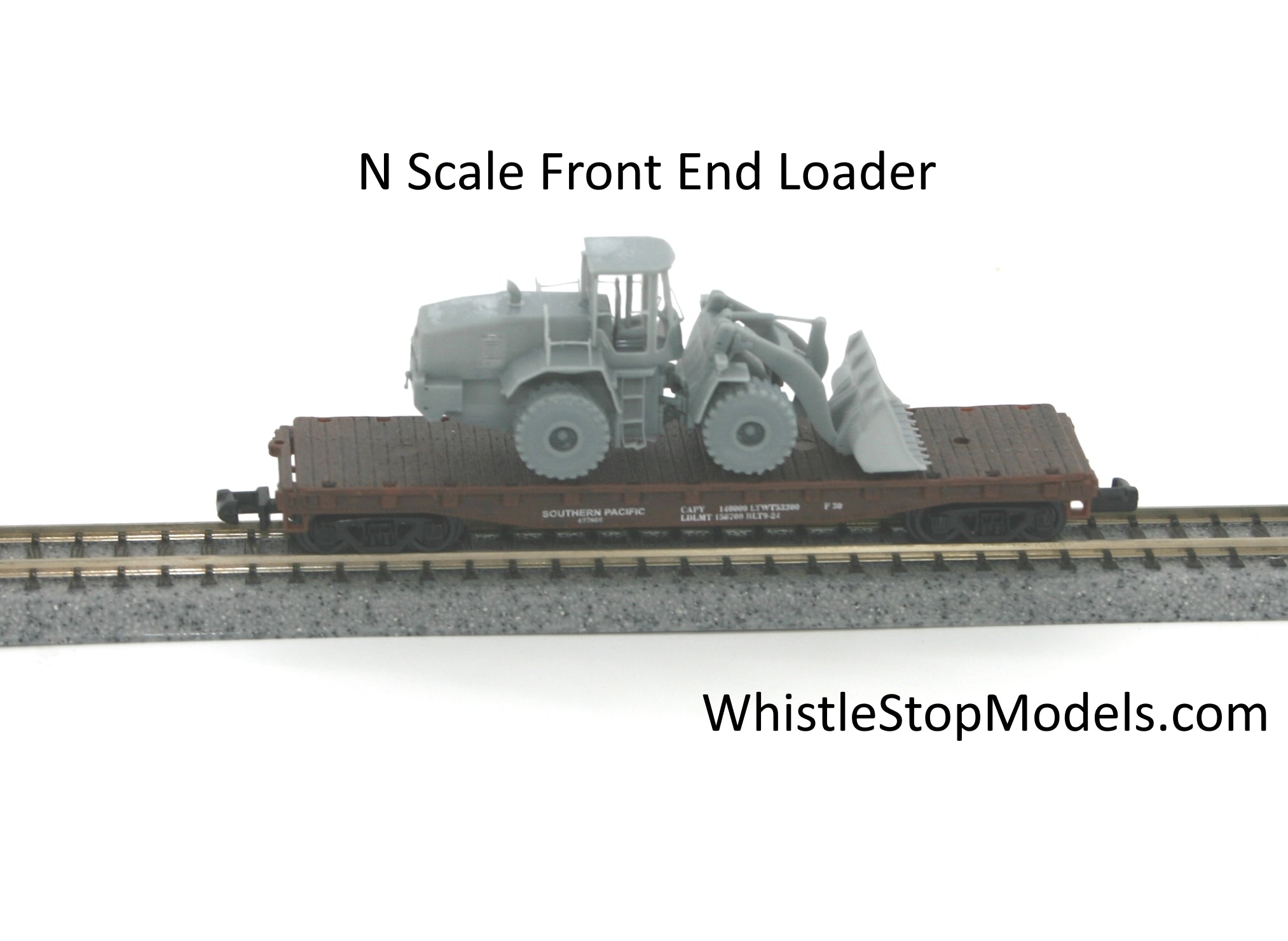 Whistle Stop Models N9017 N Scale Front End Loader Flat Car Load, Resin 3D Printed, Highly Detailed
