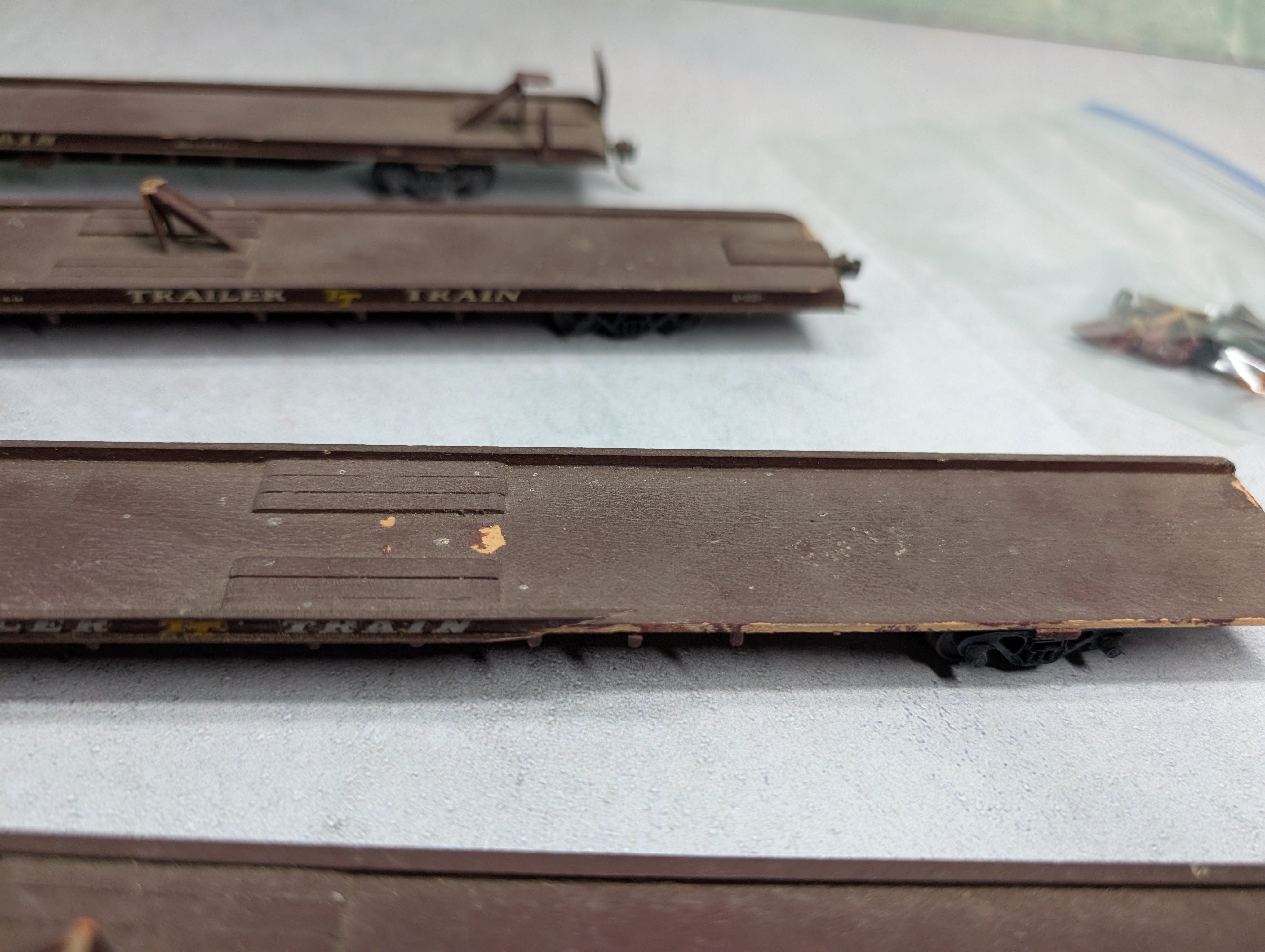 USED HO Scale Trailer Flat Cars Trailer Train TTX Custom Wood Built (4 pcs)