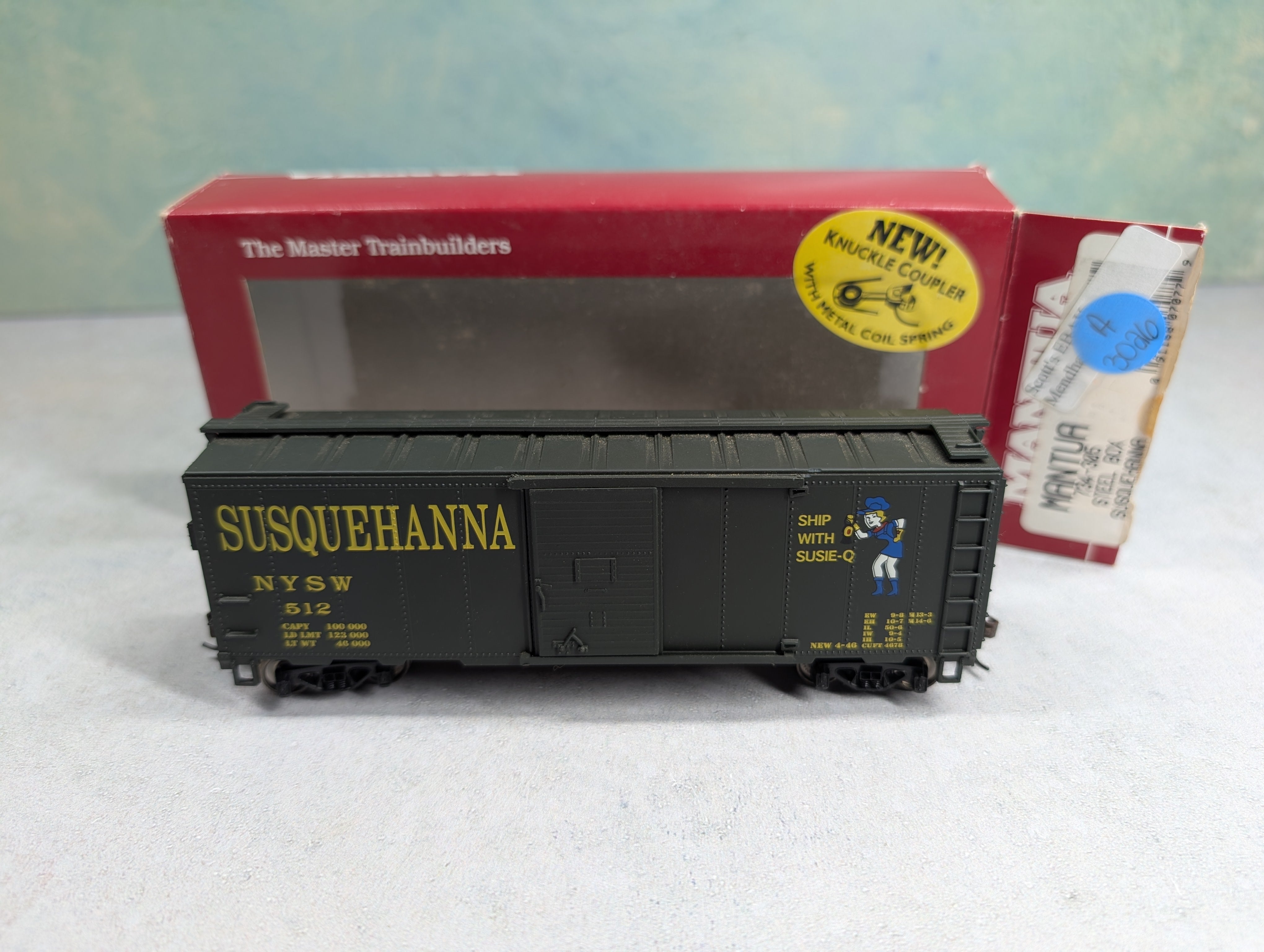 USED Mantua 734-305 HO Scale 40' Box Car Susquehanna NYSW #512 Knuckle Couplers