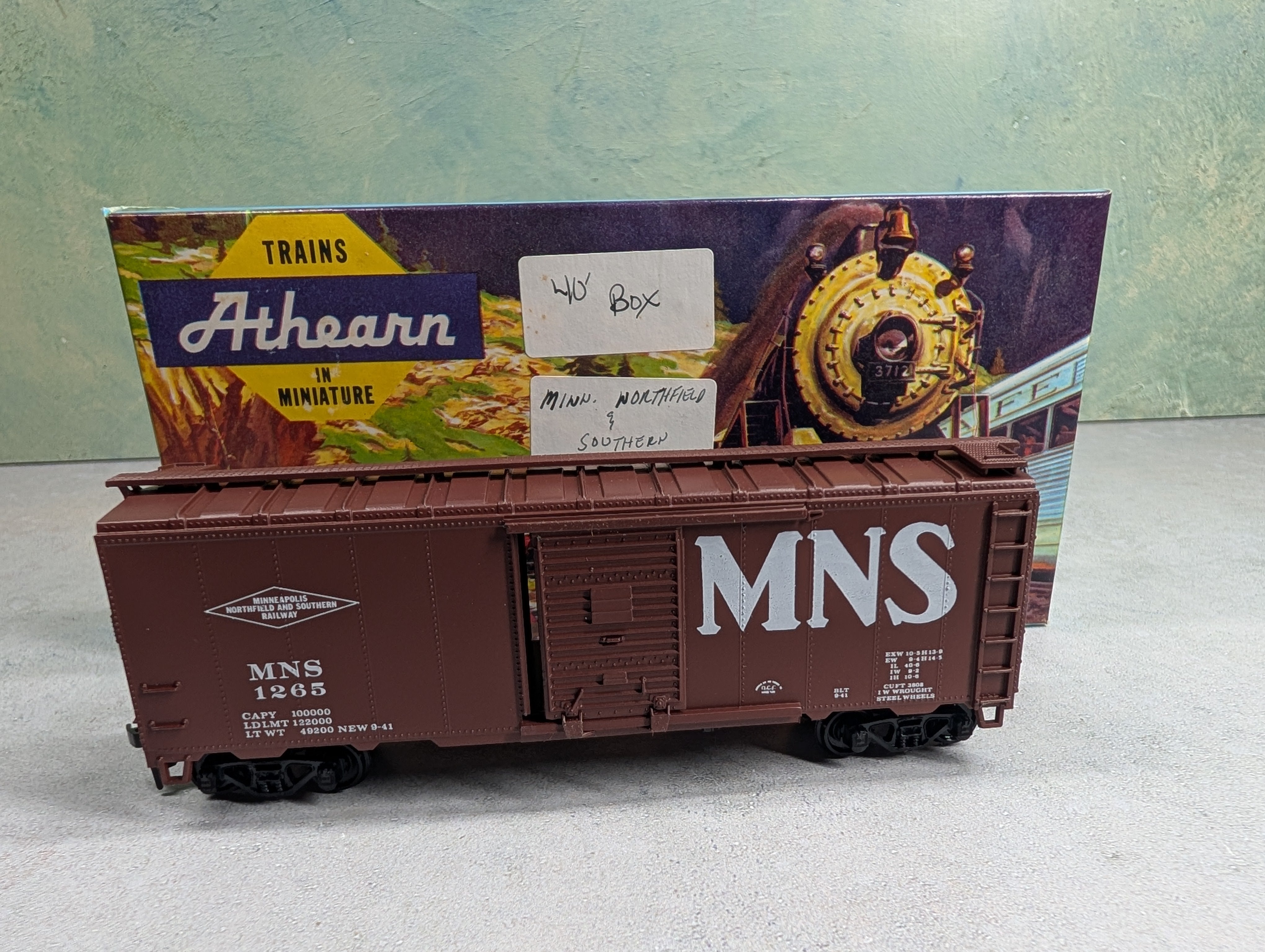 USED Athearn HO Scale 40' Box Car Minneapolis Northfield & Southern MNS #1265 Bev-Bel