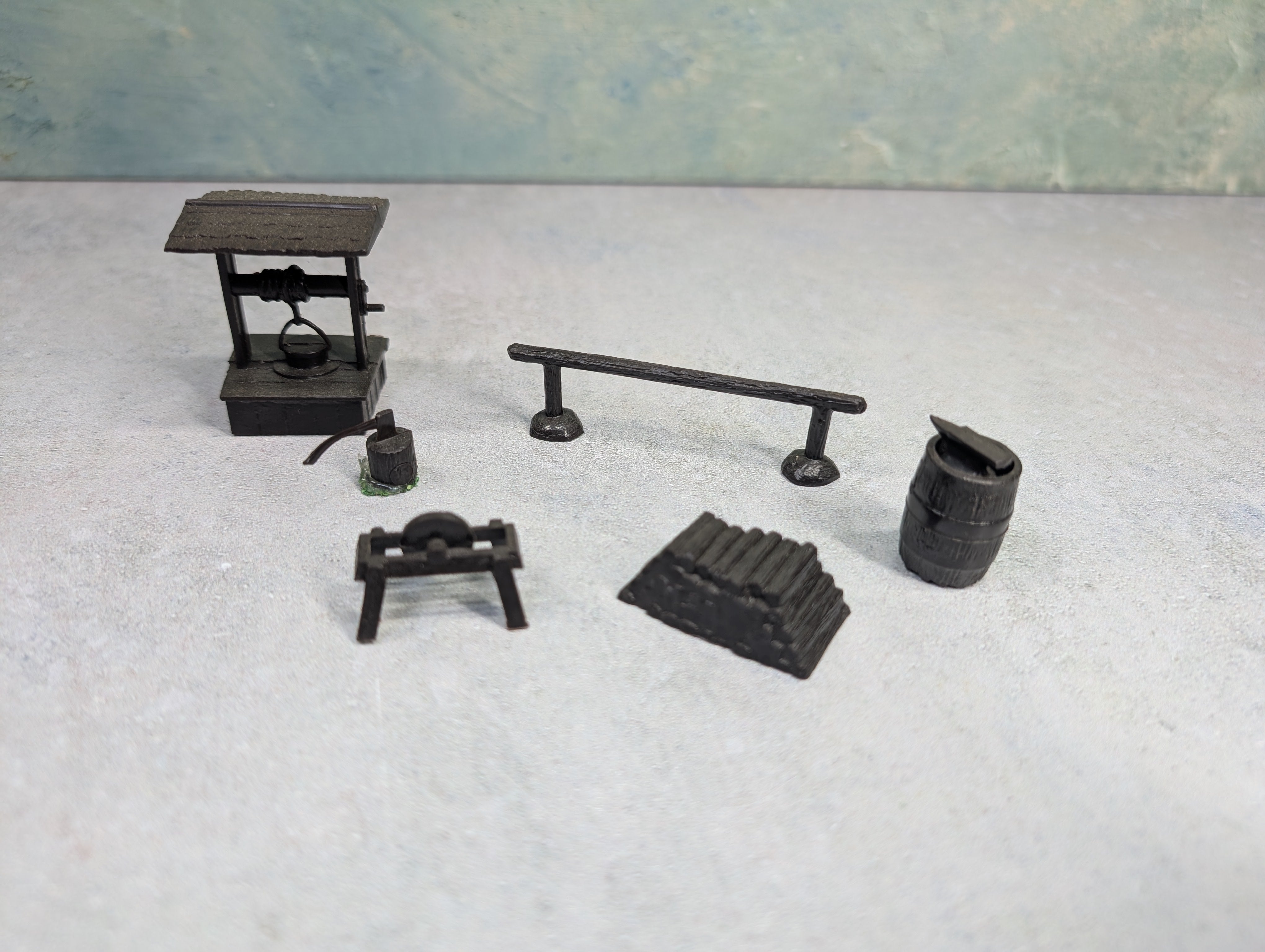 USED O Lot of Mill Scene Items, Anvil, Well, Axe, Lumber + more (6 pcs)