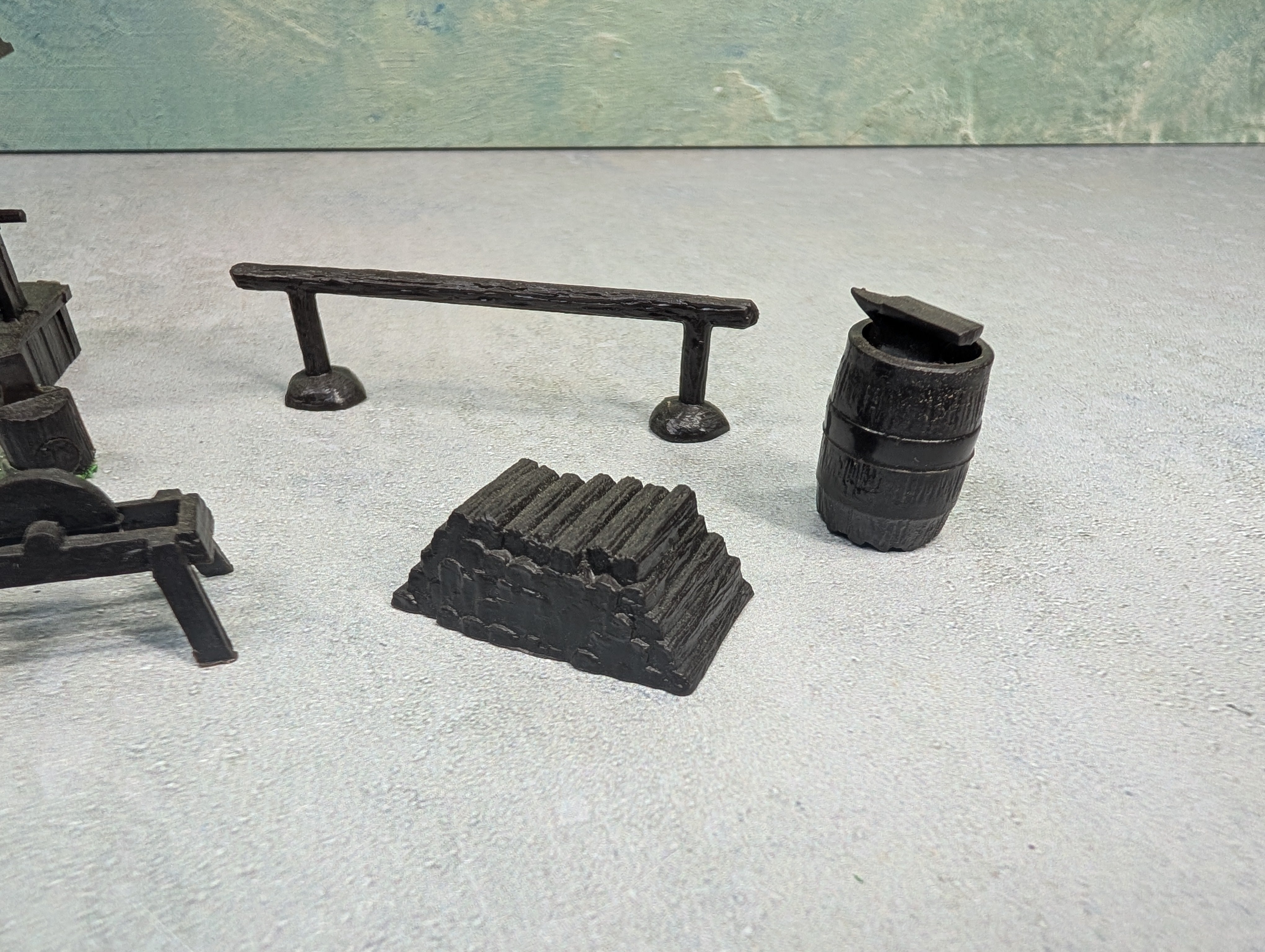 USED O Lot of Mill Scene Items, Anvil, Well, Axe, Lumber + more (6 pcs)