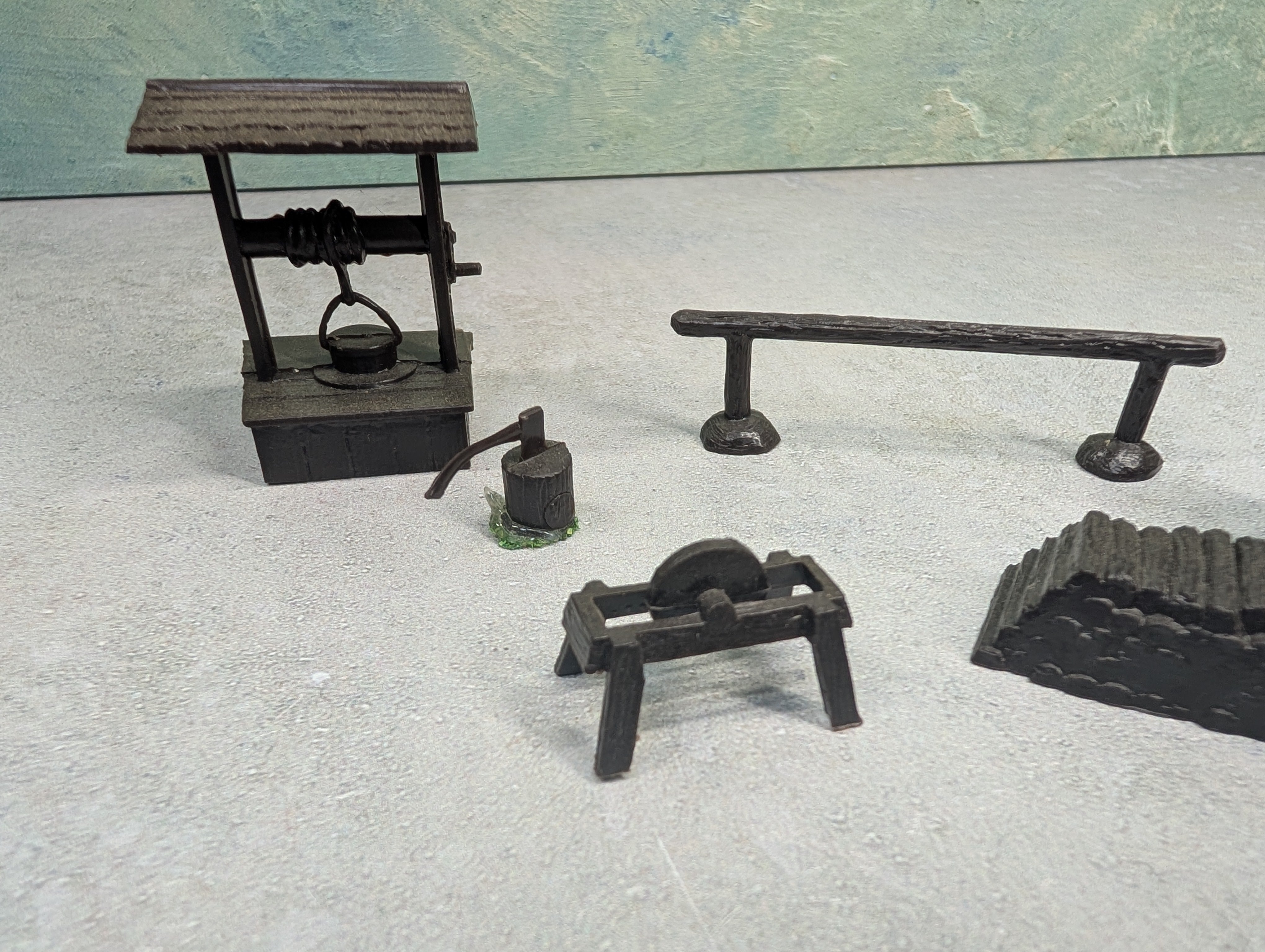 USED O Lot of Mill Scene Items, Anvil, Well, Axe, Lumber + more (6 pcs)