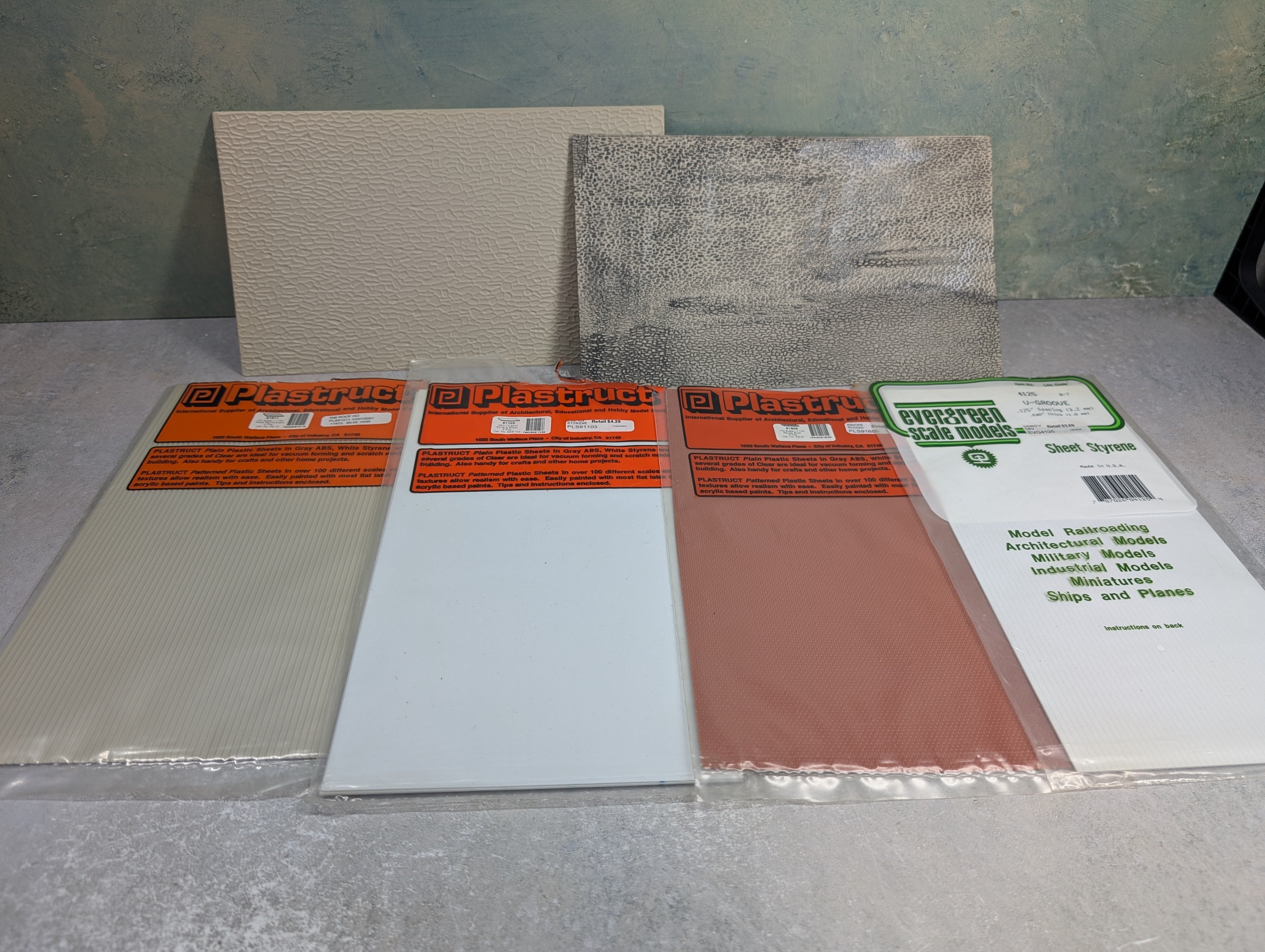 USED Plastruct Multi Scale Lot of Opened Packs of Styrene, Ribbed Roof, Brick, White Sheets