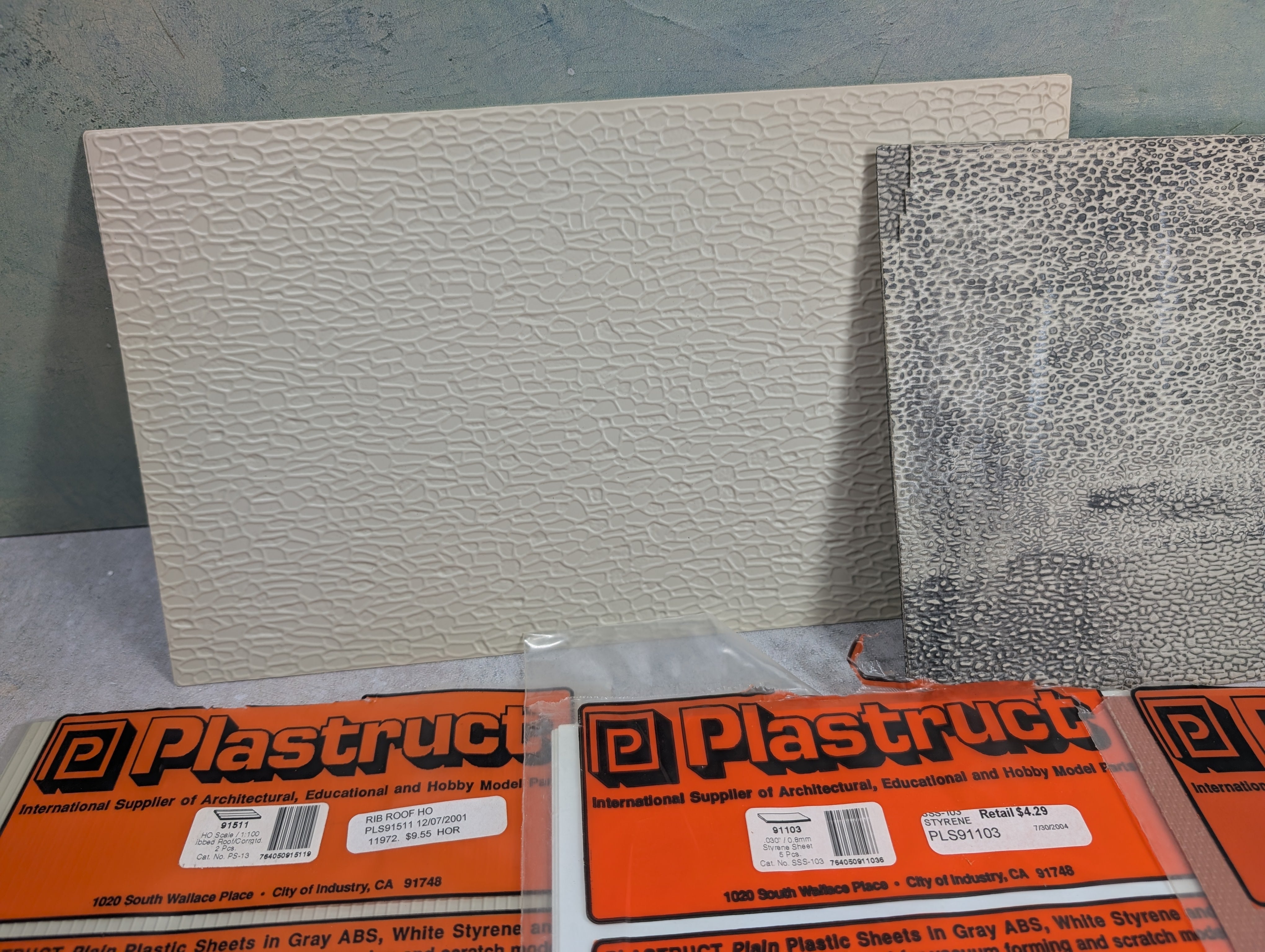 USED Plastruct Multi Scale Lot of Opened Packs of Styrene, Ribbed Roof, Brick, White Sheets