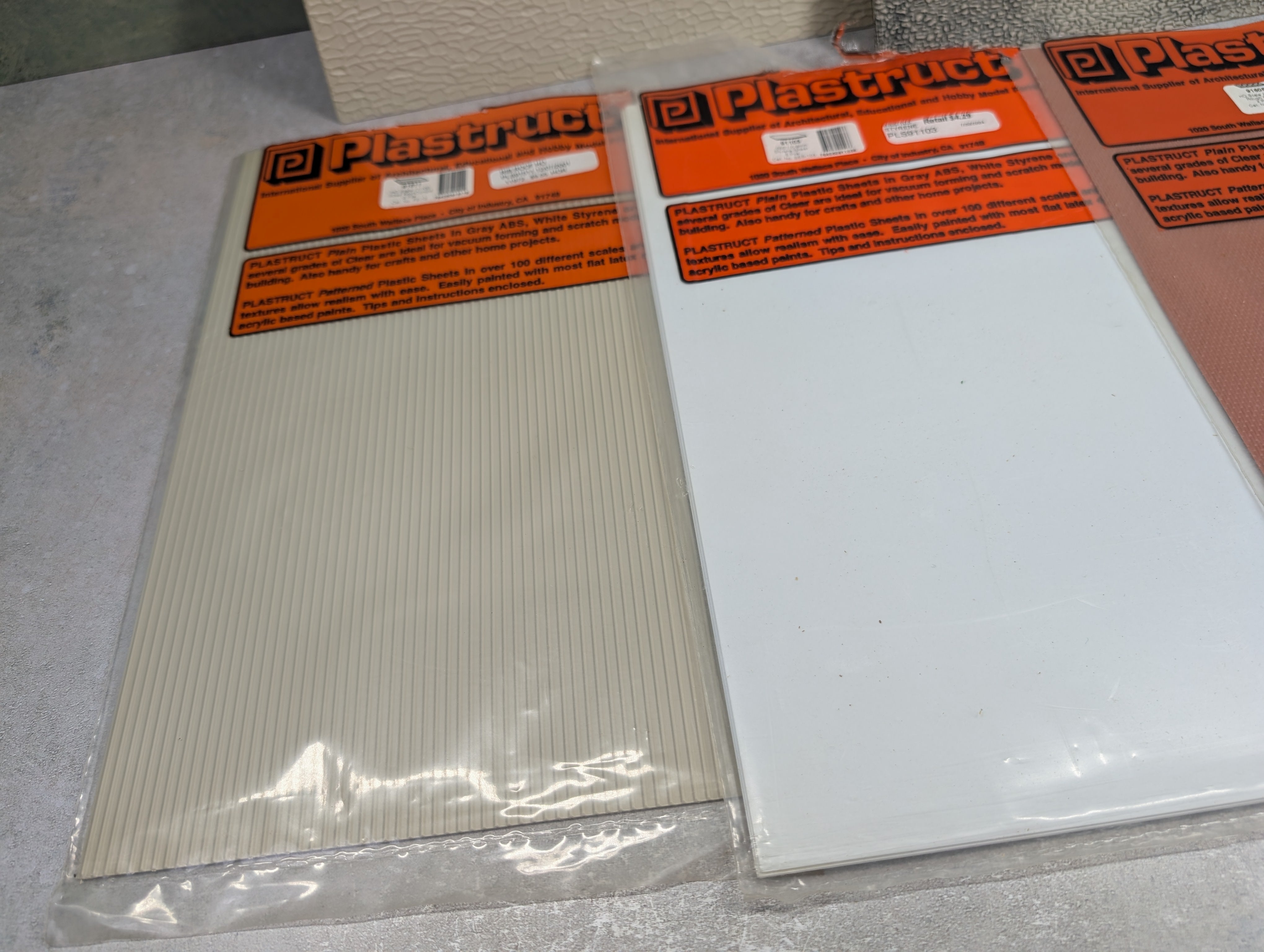 USED Plastruct Multi Scale Lot of Opened Packs of Styrene, Ribbed Roof, Brick, White Sheets