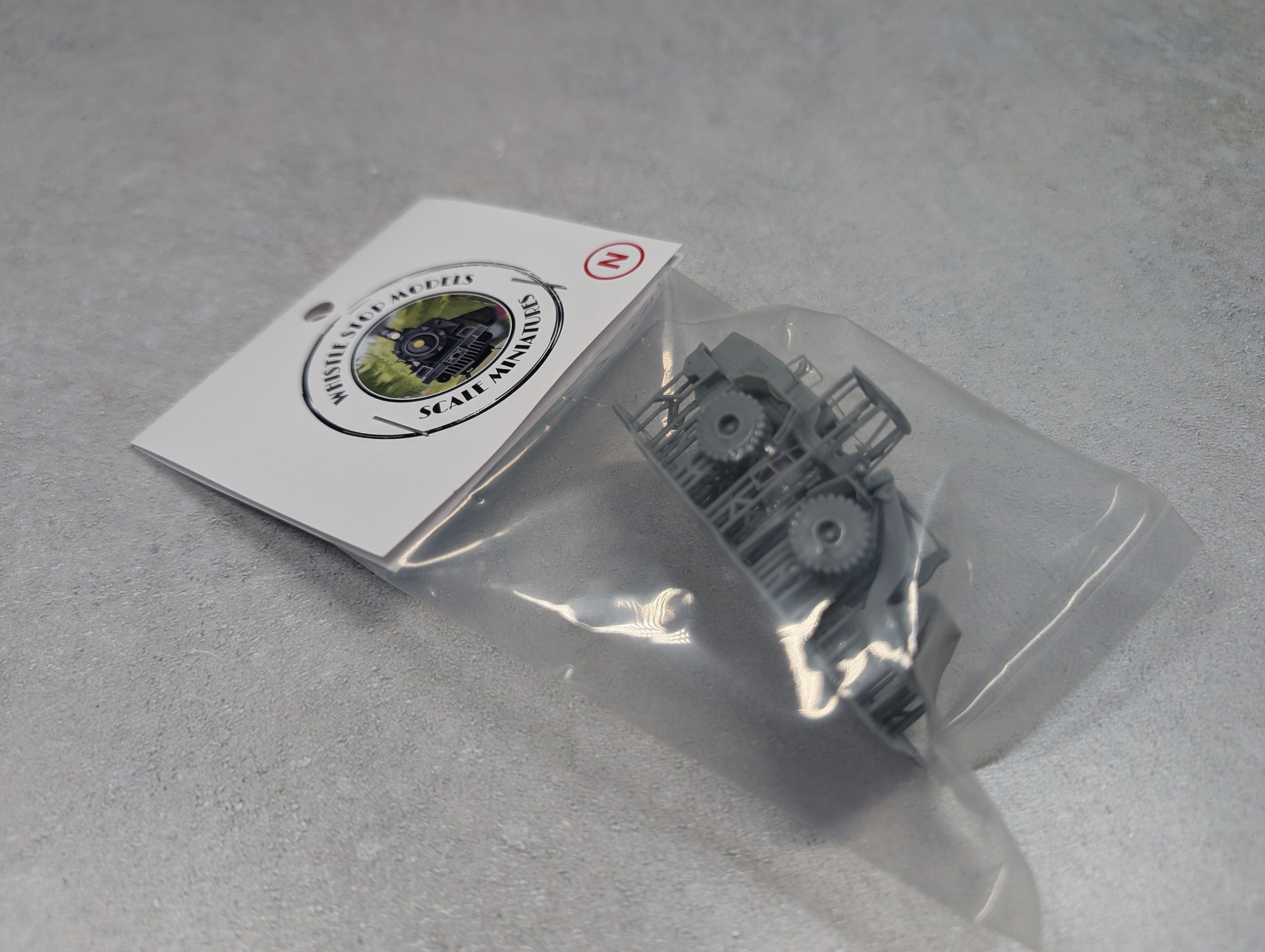 Whistle Stop Models N9017 N Scale Front End Loader Flat Car Load, Resin 3D Printed, Highly Detailed