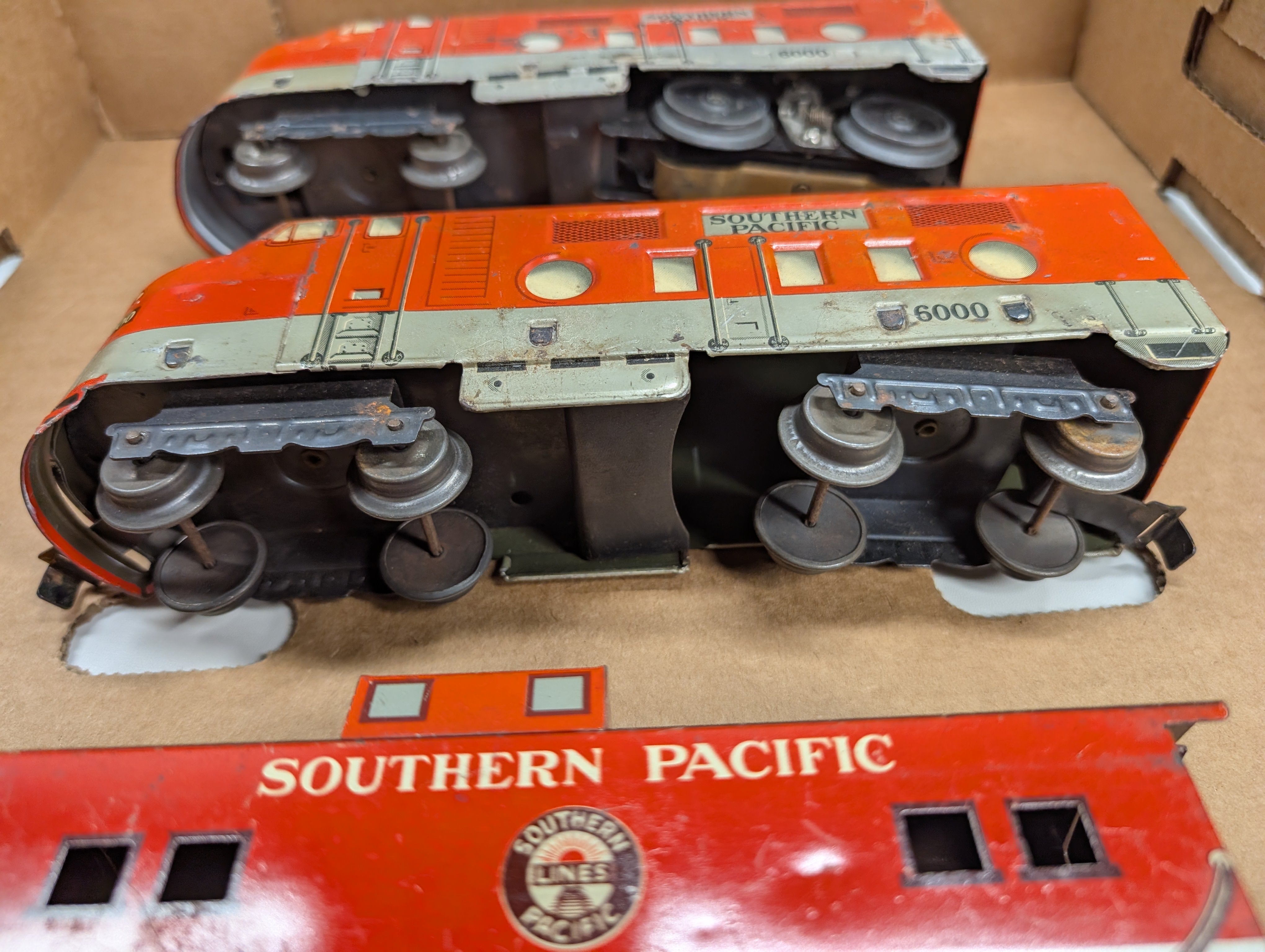 USED Marx O Powered & Unpowered Diesel Locomotives, Caboose & Gondola Southern Pacific 6000, 1235, Wabash 80982 Vintage