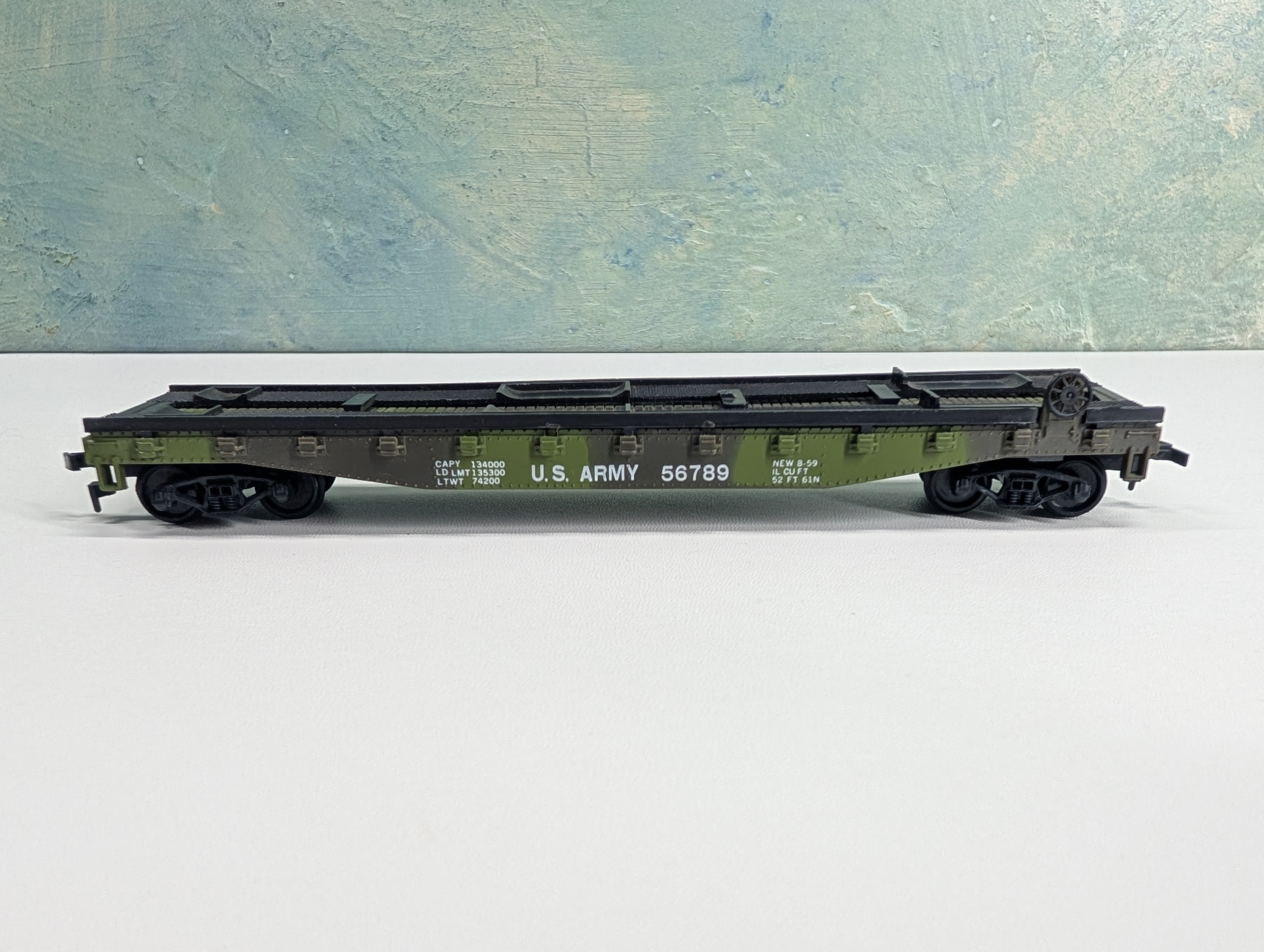 USED AHM HO Scale 50' Flat Car w/ Trailer US Army 56789