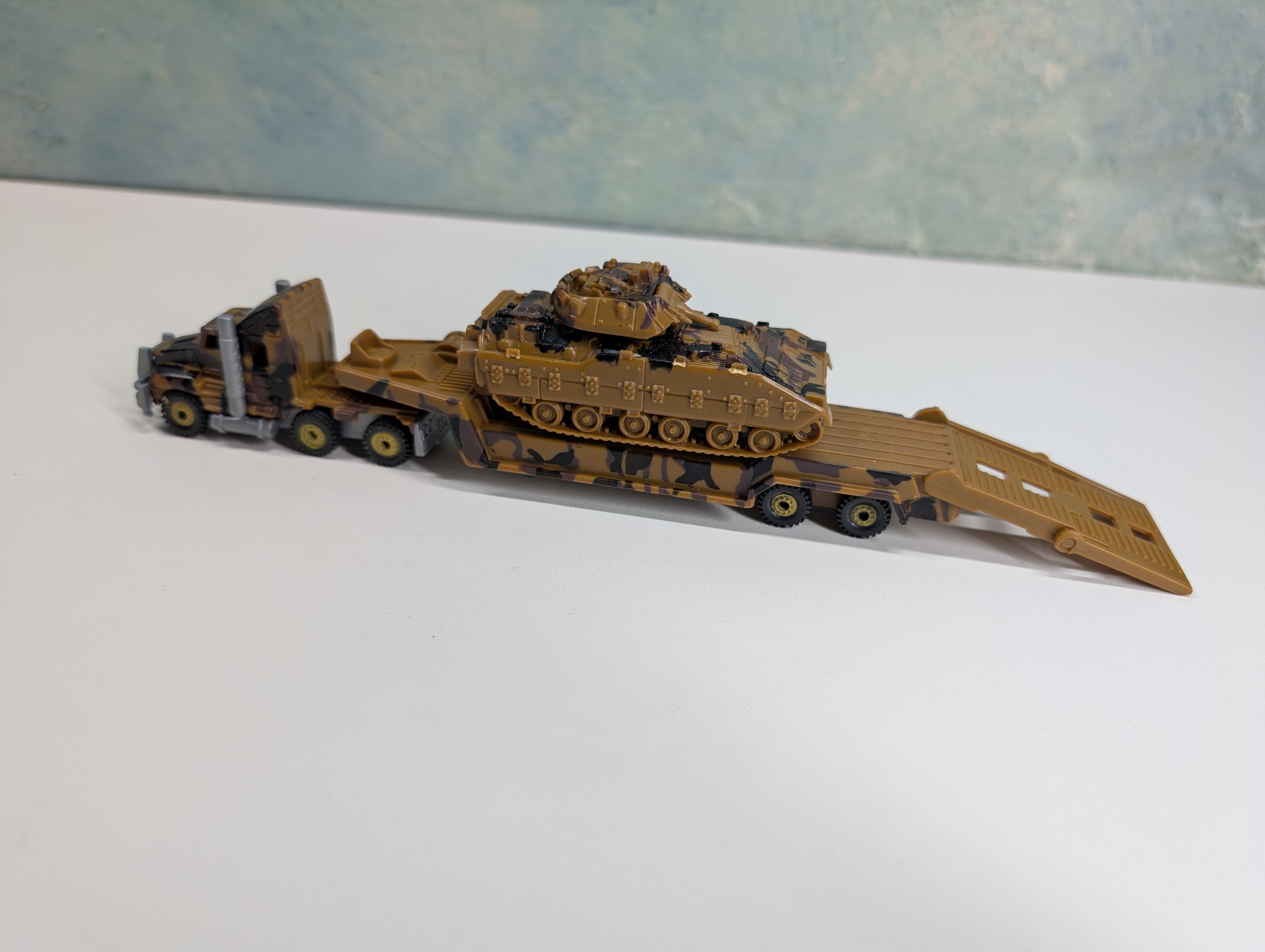 USED Boley HO Scale Military Tractor Trailer Cab w/ Flat Car & Tank Load, Brown