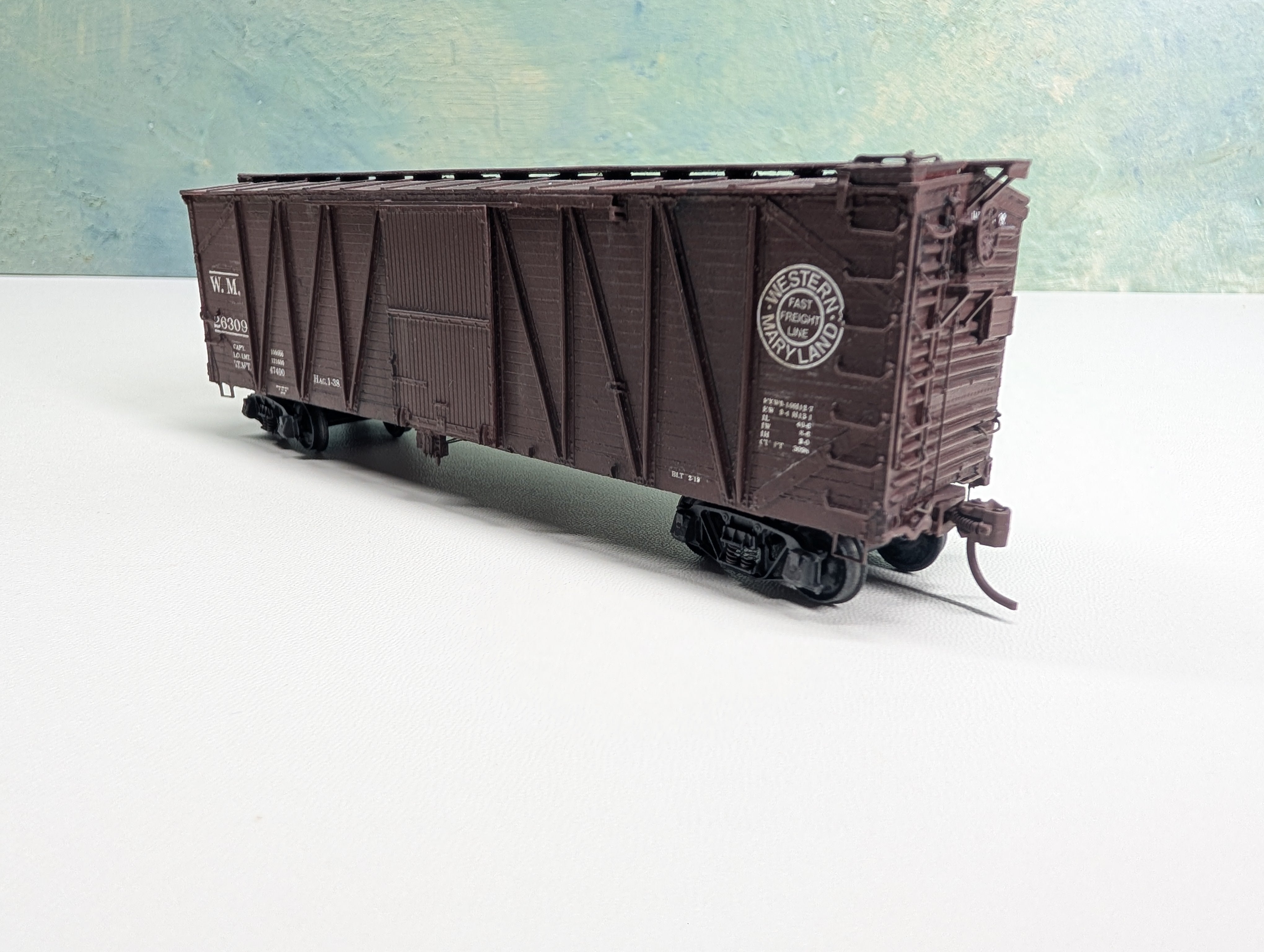 USED HO Scale 40' Wooden Outside Braced Box Car Western Maryland WM #26309 Upgraded Trucks
