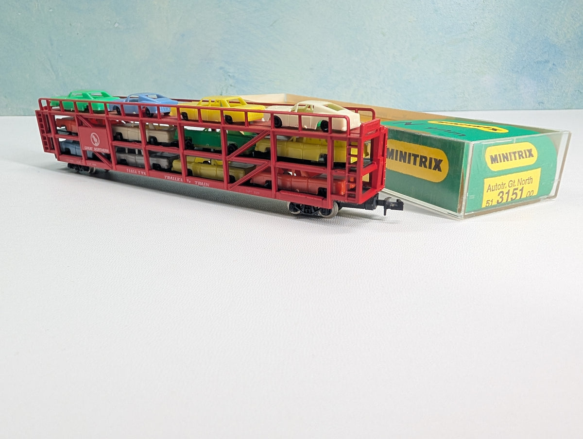 USED TRIX N Scale Auto Transporter w/ Vehicles Great Northern TTX #71014