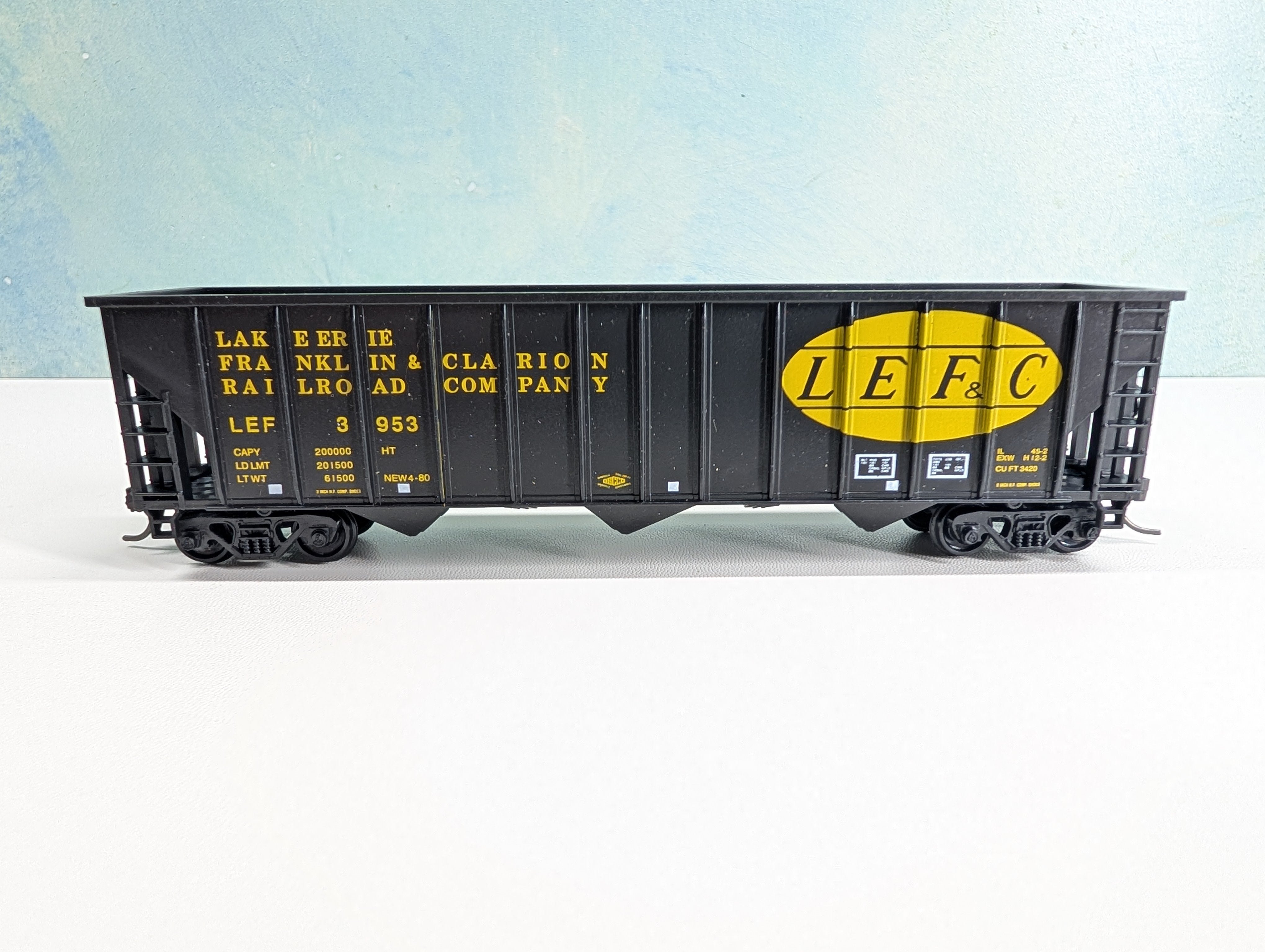 USED MCKEAN HO Scale 100 Ton 12-Panel Coal Hopper Lake Erie Franklin & Clarion LEF&C #3953