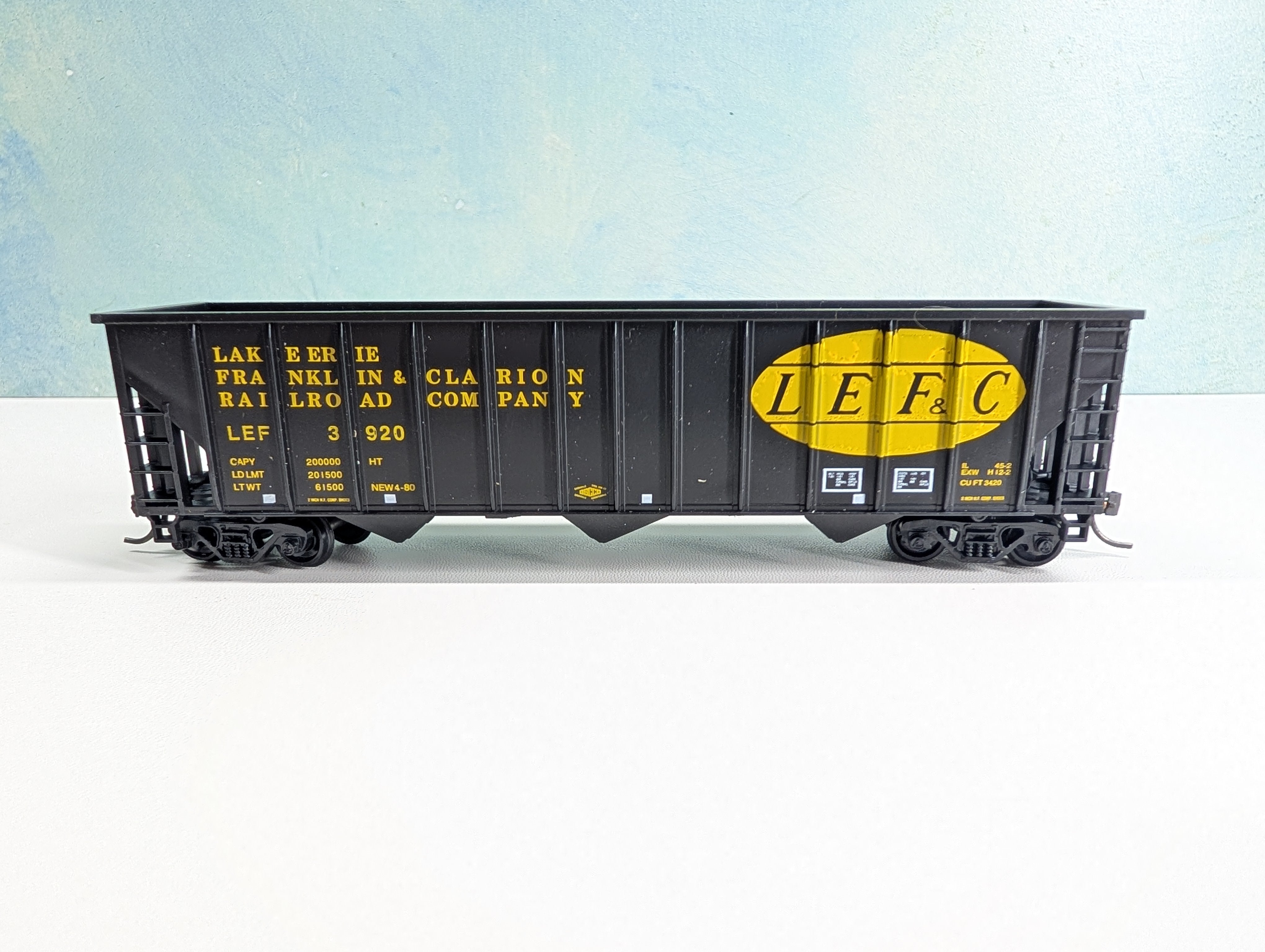 USED MCKEAN HO Scale 100 Ton 12-Panel Coal Hopper Lake Erie Franklin & Clarion LEF&C #3920