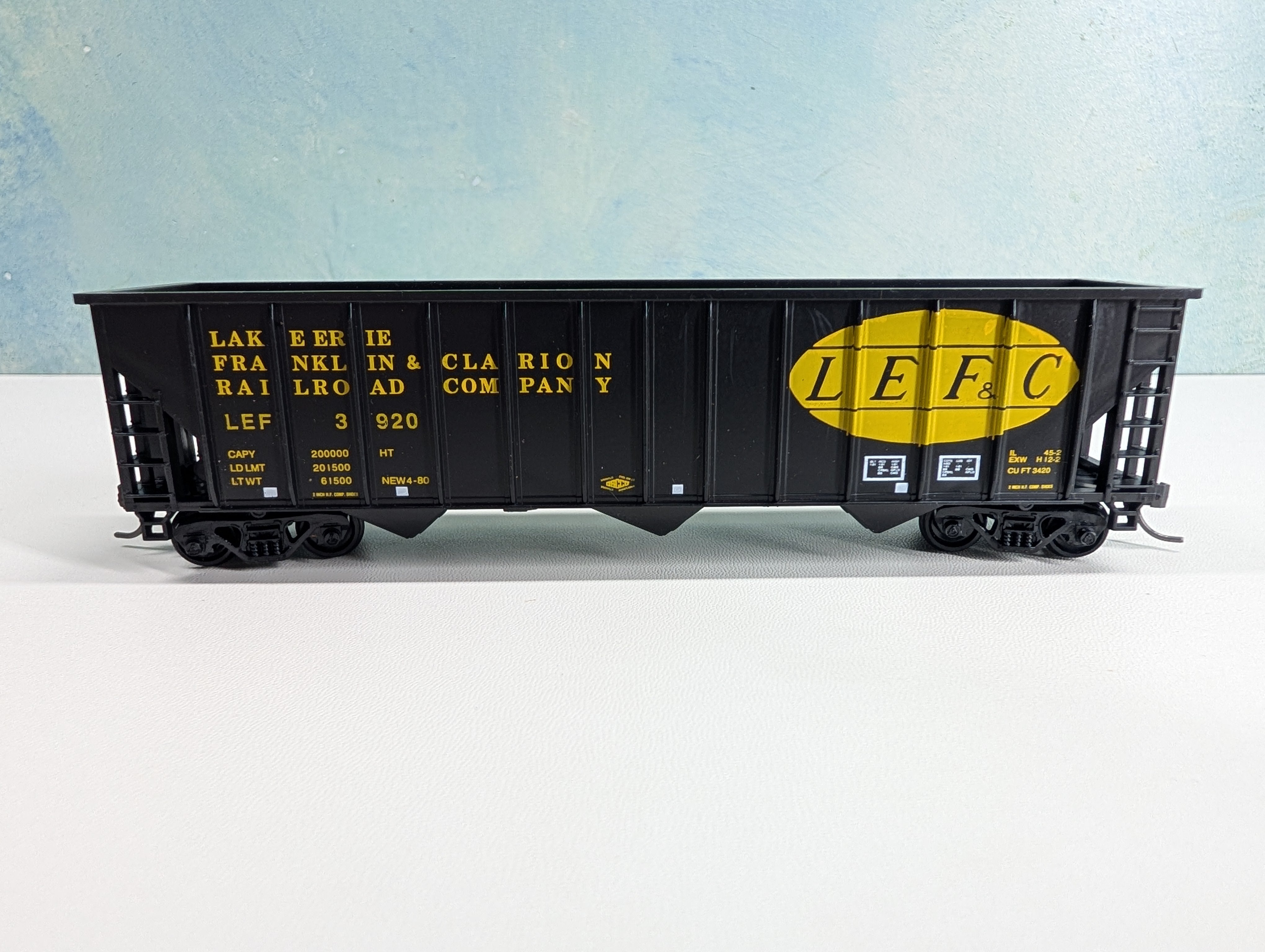 USED MCKEAN HO Scale 100 Ton 12-Panel Coal Hopper Lake Erie Franklin & Clarion LEF&C #3920