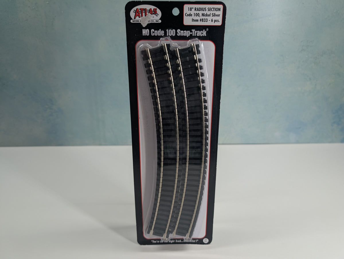 Atlas 833 HO Scale 18" Radius Track, Code 100 Nickel Silver Snap-Track (6 pcs)