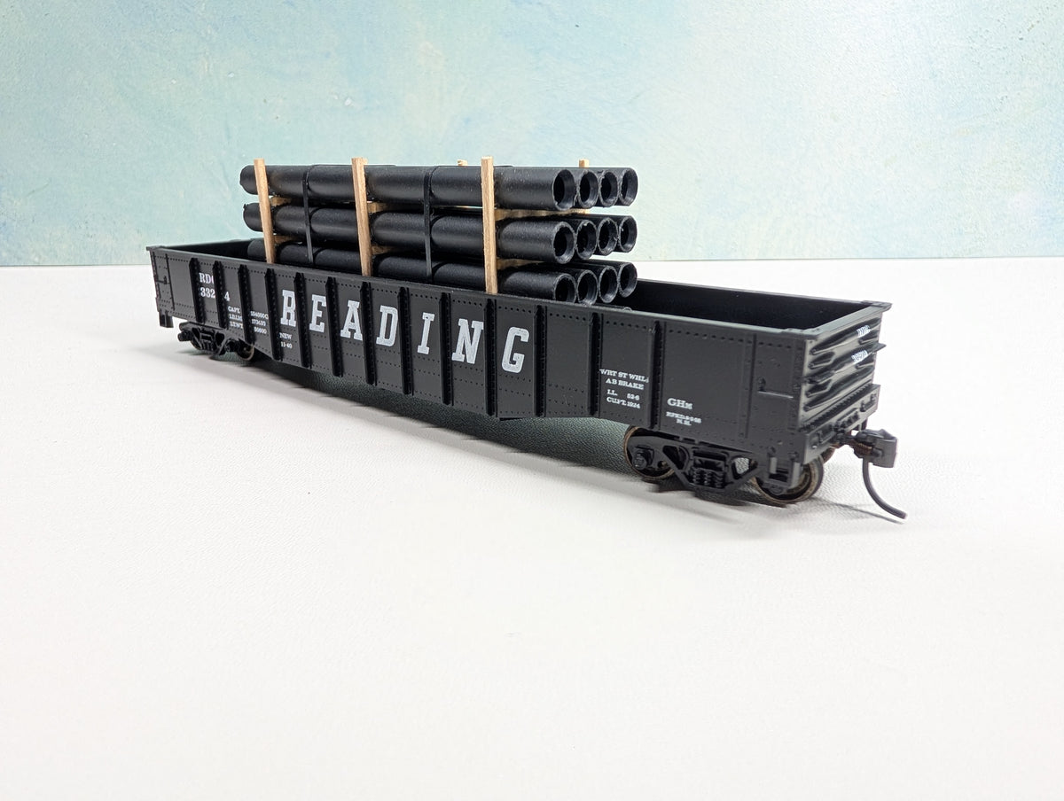 USED Athearn HO Scale 50' Gondola w/ Pipe Load Reading RDG #33214 Bev-Bel, Metal Wheels