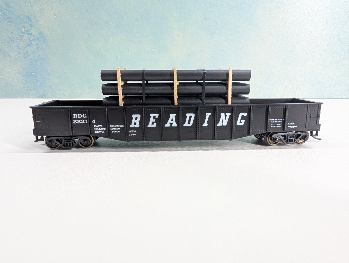 USED Athearn HO Scale 50' Gondola w/ Pipe Load Reading RDG #33214 Bev-Bel, Metal Wheels