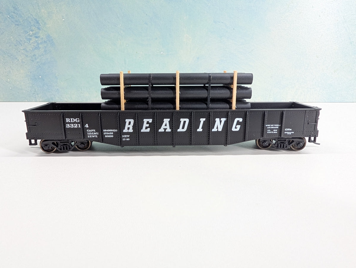 USED Athearn HO Scale 50' Gondola w/ Pipe Load Reading RDG #33214 Bev-Bel, Metal Wheels