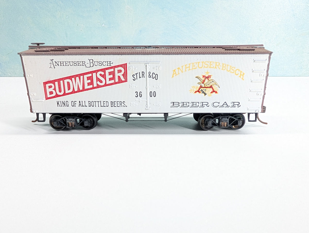USED Roundhouse HO Scale Wood Beer Reefer Budweiser STLR&CO #3600 Metal Wheels