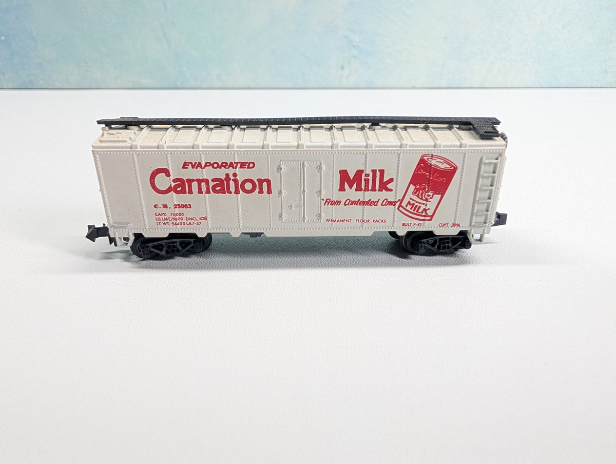 USED Postage Stamp Trains Aurora N Scale Box Car Carnation Milk CM #25063