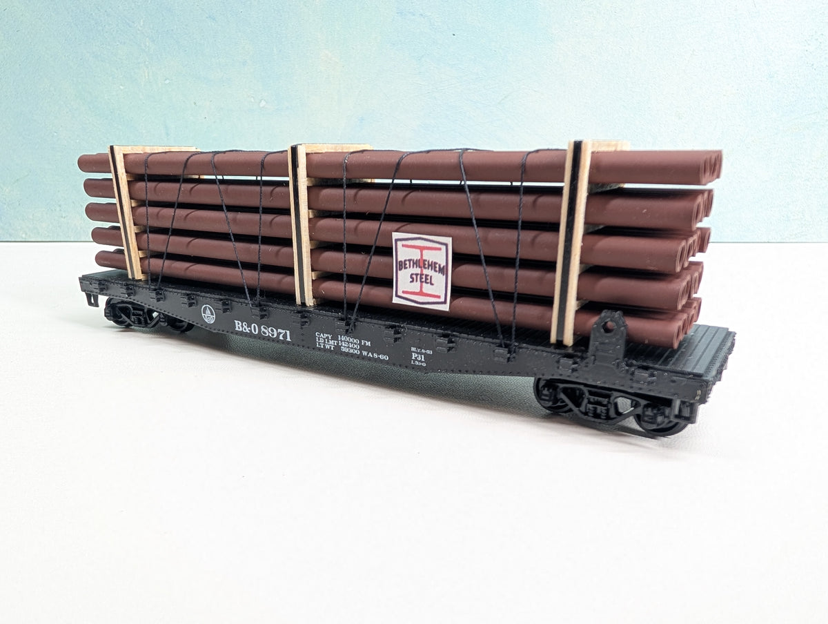 USED Athearn HO Scale 50' Flat Car w/ Bethlehem Steel Load Baltimore and Ohio B&O #8971