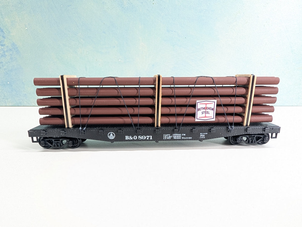 USED Athearn HO Scale 50' Flat Car w/ Bethlehem Steel Load Baltimore and Ohio B&O #8971