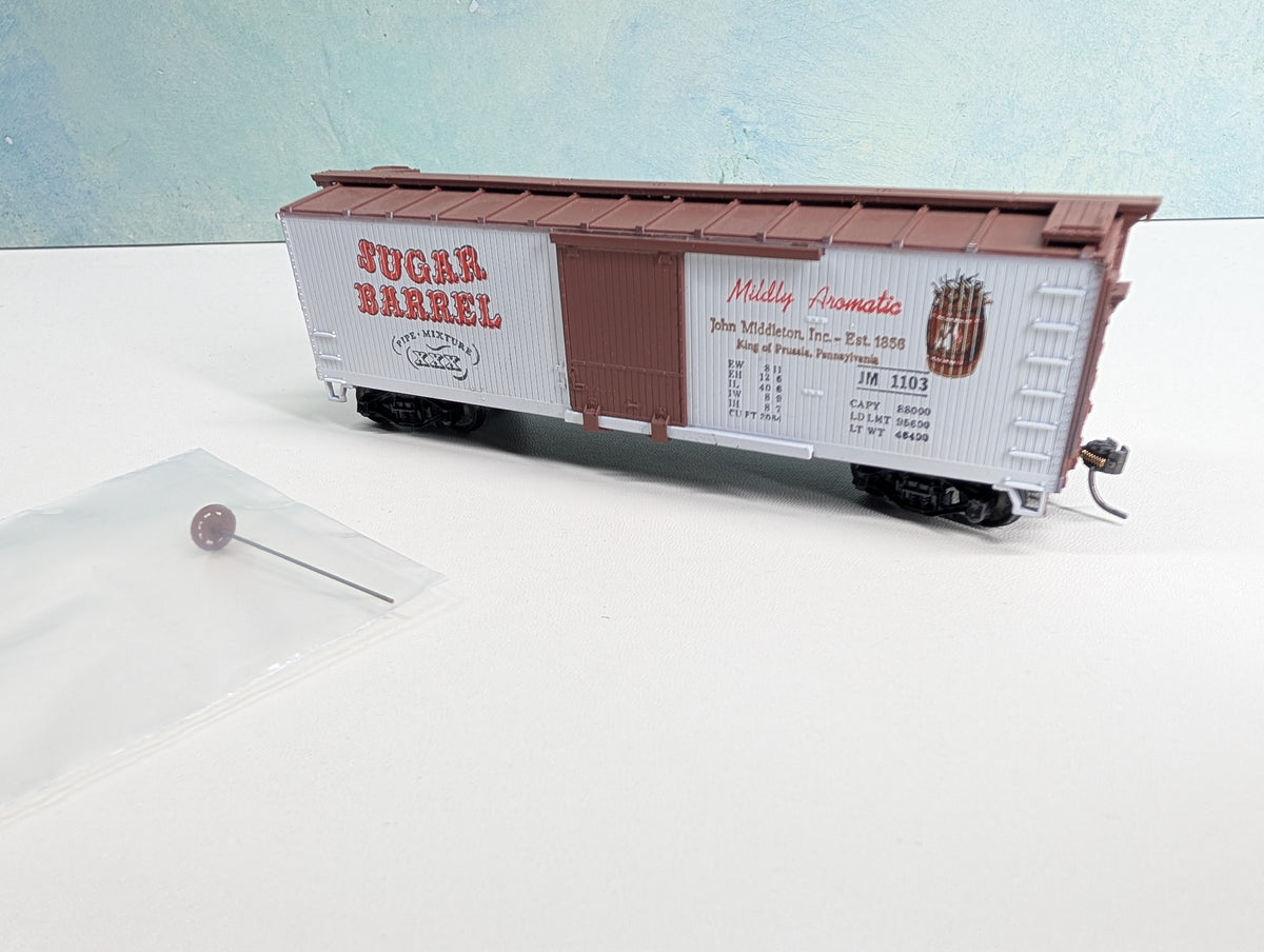 USED TRAIN MINIATURE HO Scale 40' Wood Box Car, Tobacco Series Sugar Barrel JM #1103 Metal Wheels