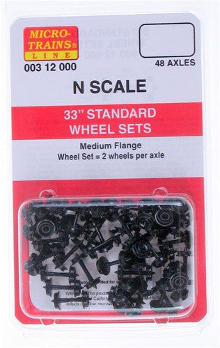 Micro-Trains 312000 N Scale 33" Standard Wheelsets, Plastic, Nonmagnetic, Black Axels (48 pcs)