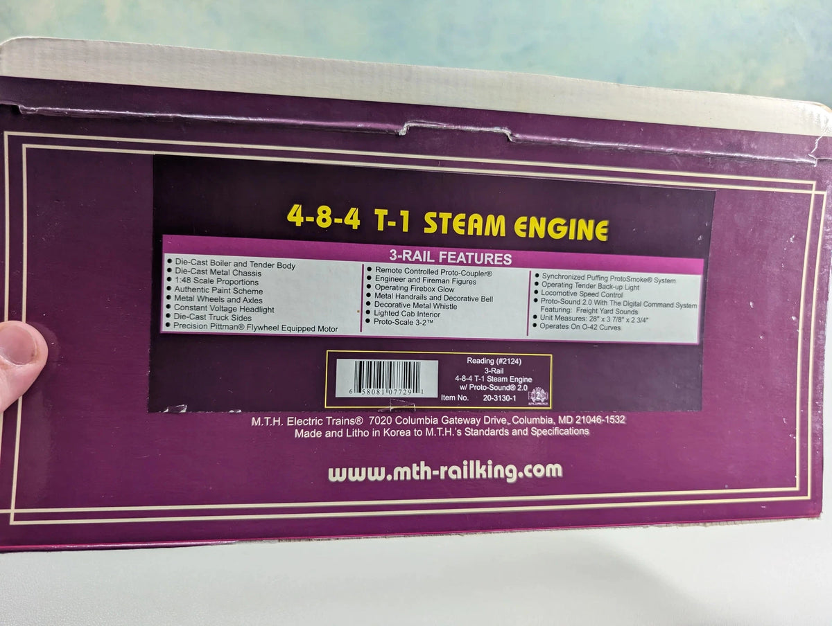 USED MTH Premier 20-3130-1 O 4-8-4 T-1 Steam Locomotive Reading #2124 3 Rail Proto-Sound 2.0