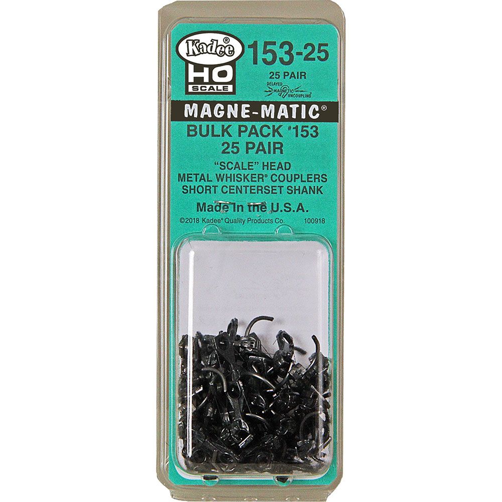 Kadee #153-25 HO Scale, Bulk Pack, 25 pair #153 Scale Whisker Metal Couplers, Short Centerset Shank