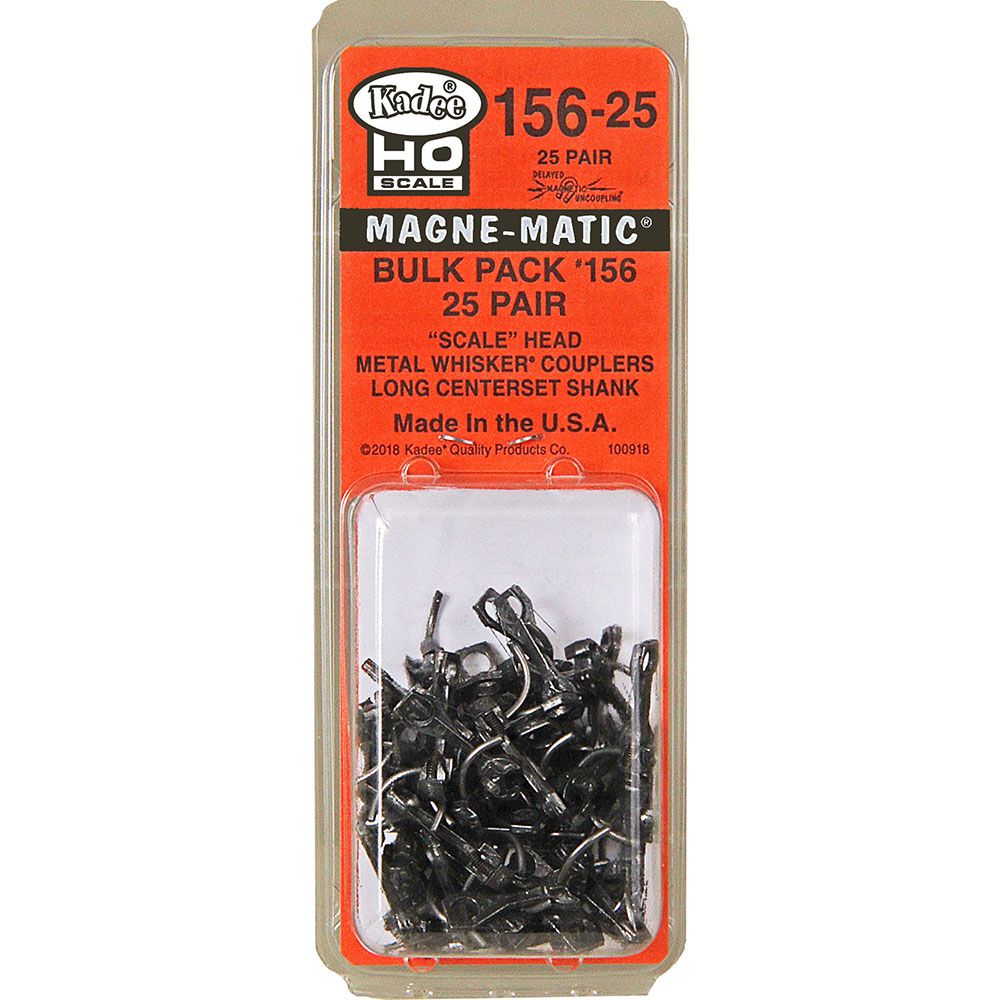 Kadee #156-25 HO Scale, Bulk Pack, 25 pair #156 Scale Whisker Metal Couplers, Long Centerset Shank