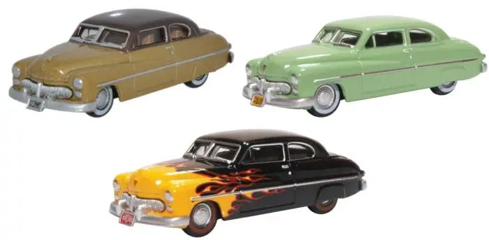 Oxford Diecast 87SET002 HO Scale 1949 Mercury 8 Coupe 3-Pack - Assembled - 70th Anniversary Set (1 Each: green, beige, Black with Flames)