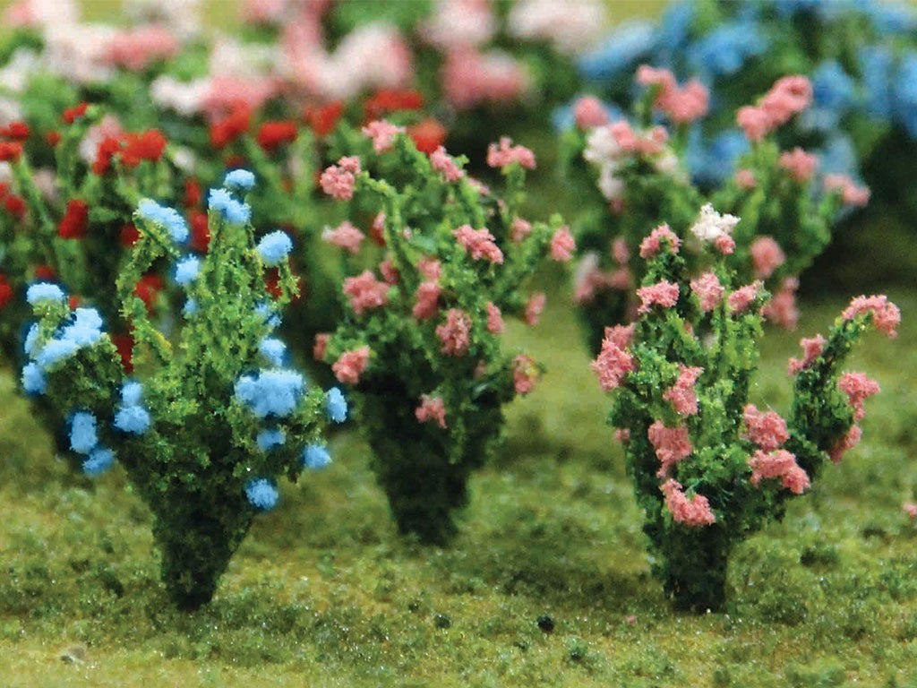 Bachmann 32512 HO Scale, JTT, Flowering Bush Pink & Blue (1'' tall), Pack of 8