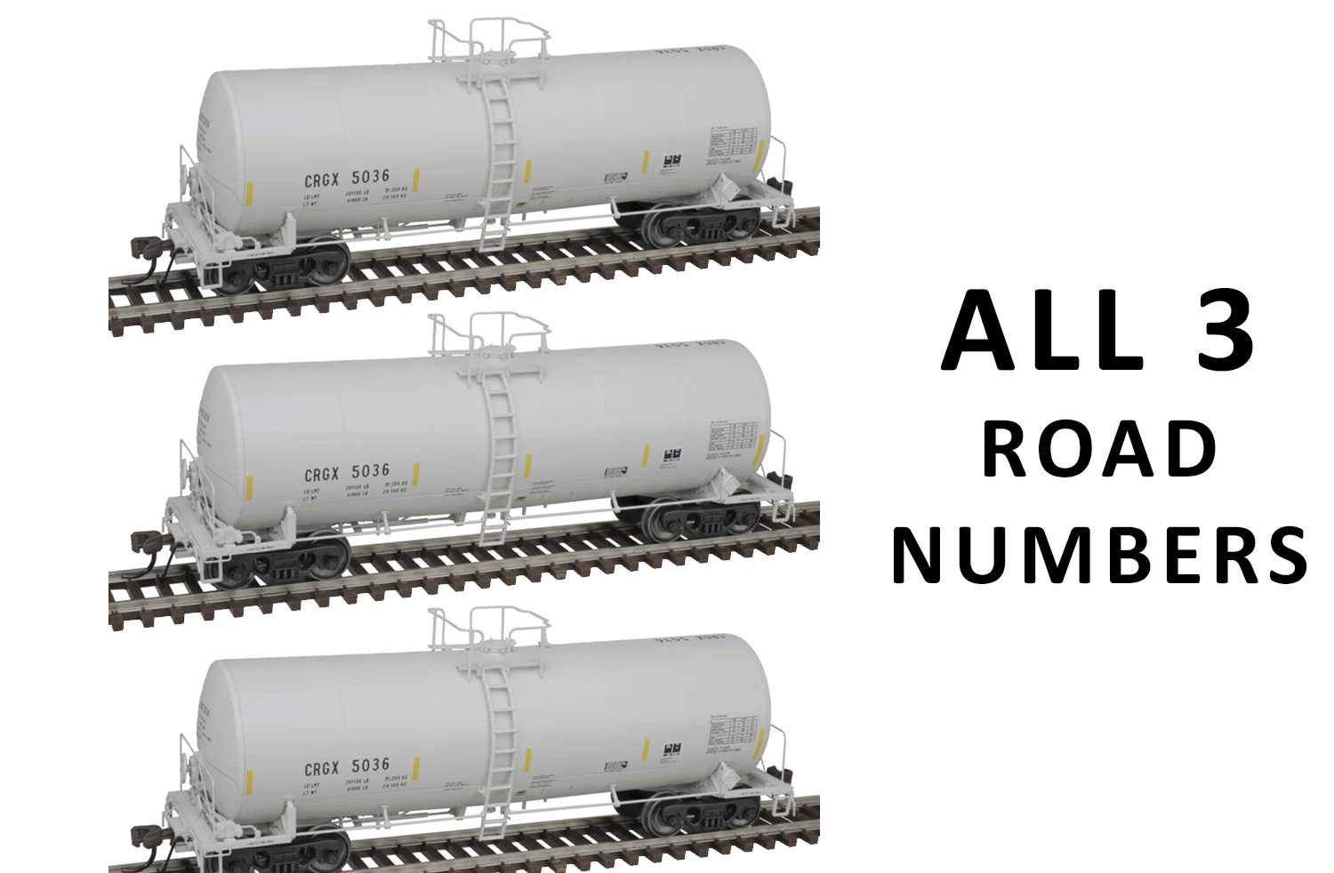 Atlas 20007221, 20007222, 20007223 HO Scale, 17.6 GAL Corn Syrup Tank Car (3 Car Pack), Cargill CRGX #5036, 5071, 5091, Stripes