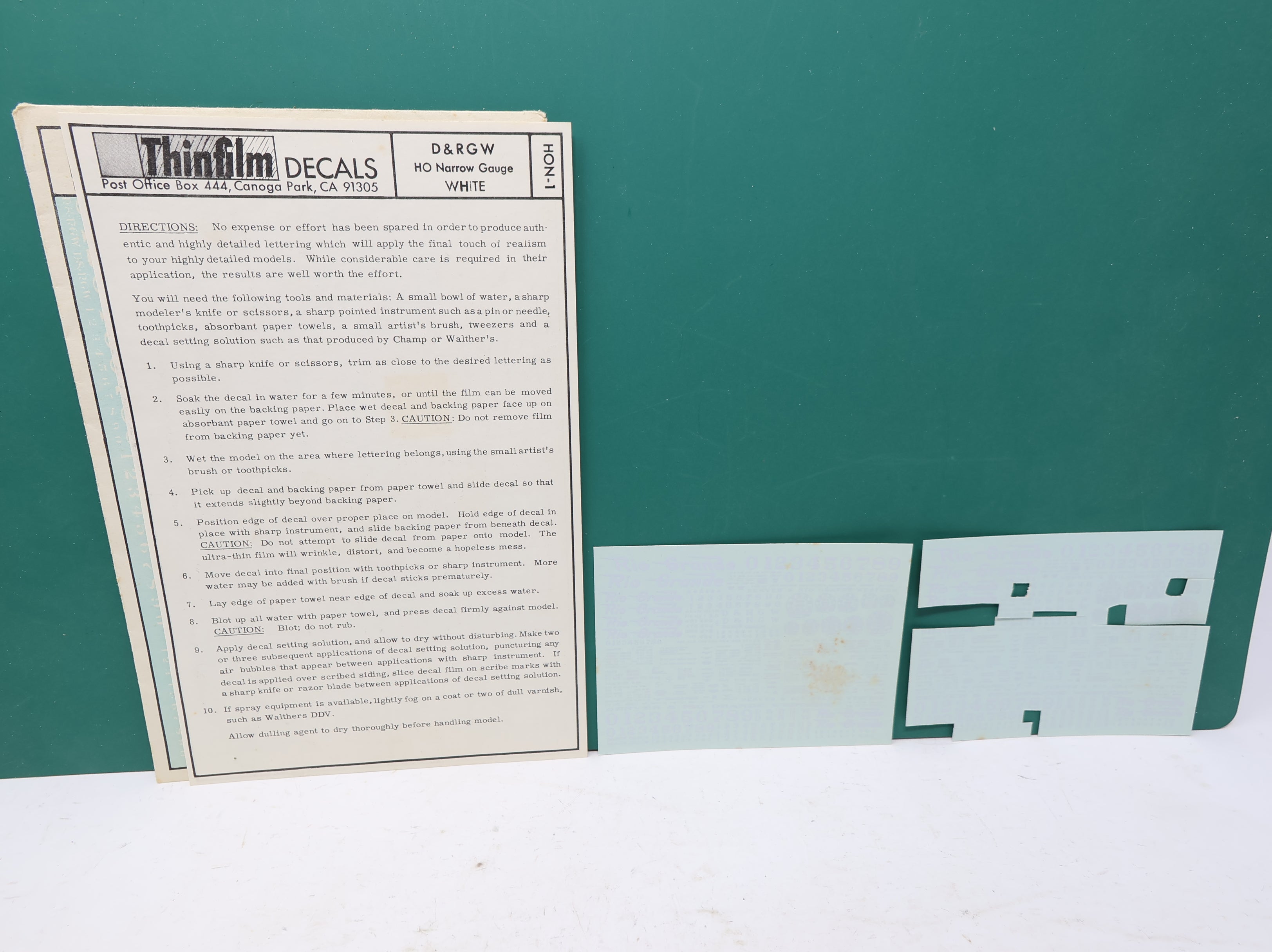USED Thinfilm Decals HON-1 HOn3 Scale, Narrow Gauge D&RGW White Decals (Incomplete)
