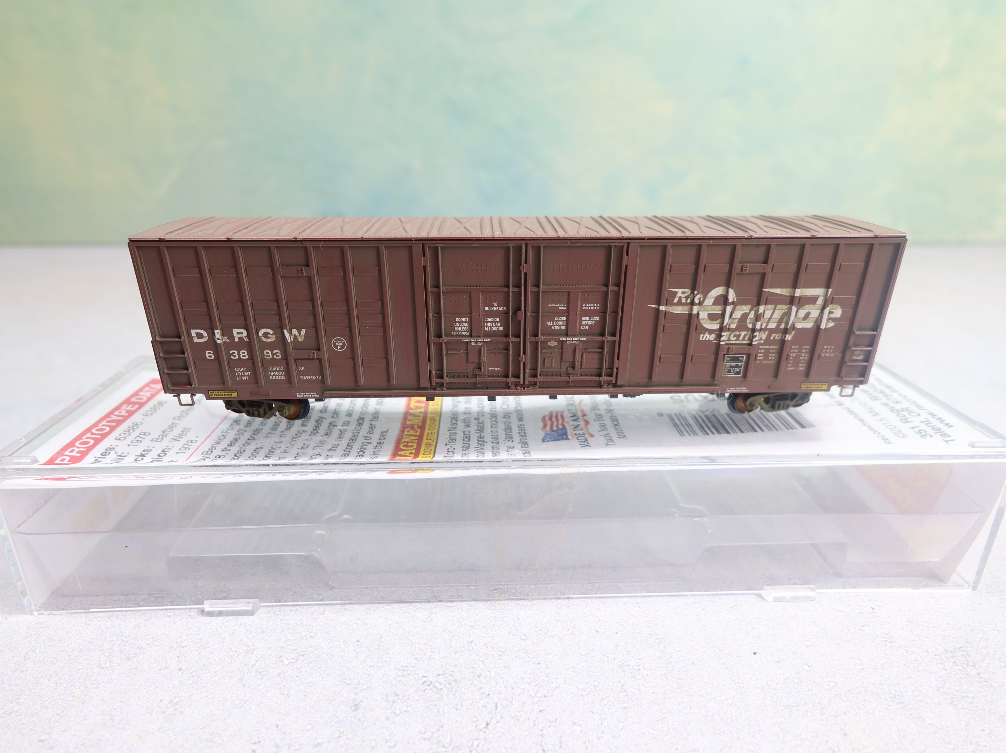 USED Micro-Trains 10300010 N Scale 60' Box Car Excess Height Double Plug Doors, Waffle Side Denver and Rio Grande Western D&RGW #63893 Weathered, Knuckle Couplers