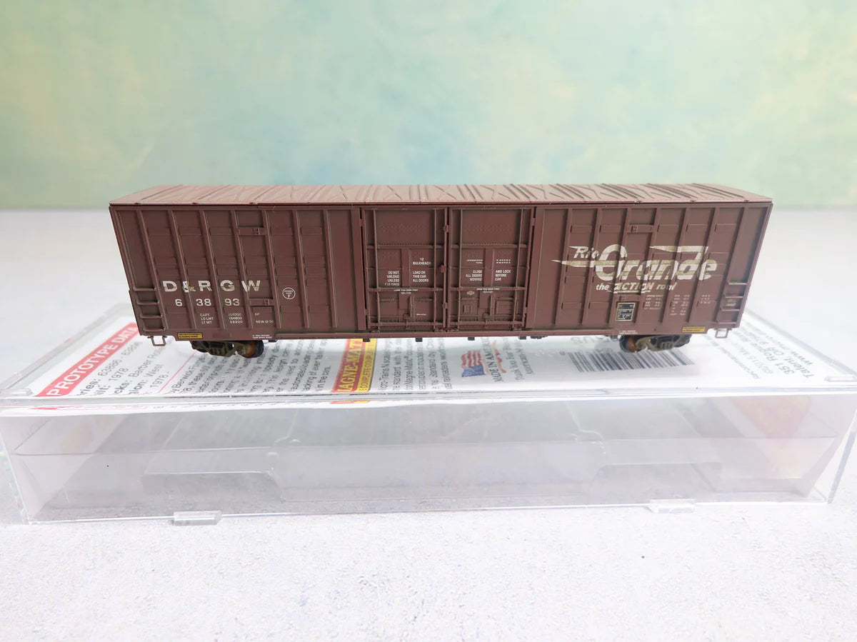 USED Micro-Trains 10300010 N Scale 60' Box Car Excess Height Double Plug Doors, Waffle Side Rio Grande D&RGW #63893 Weathered